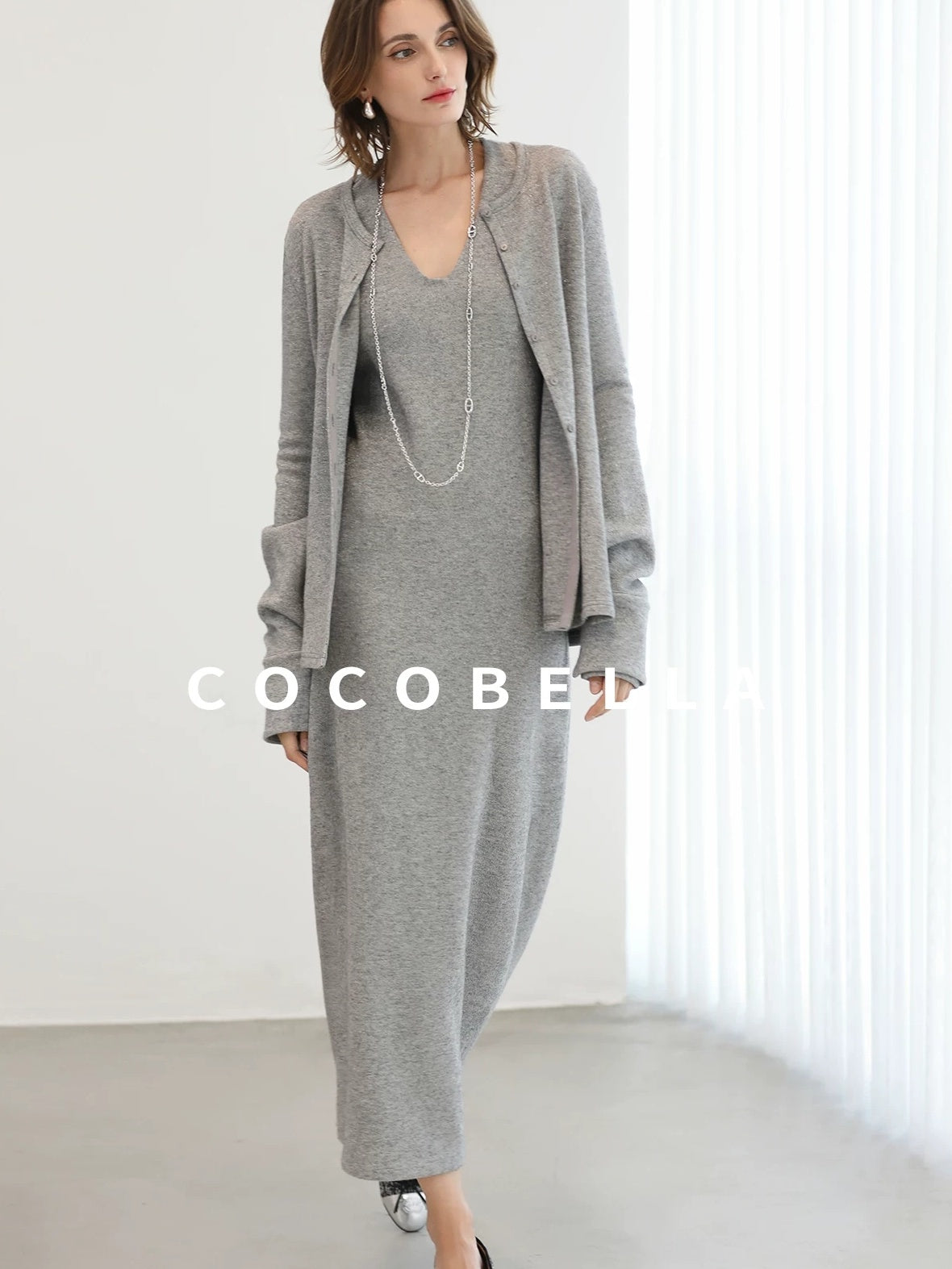 COCOBELLA Soft Elegant V Neck Slim Fit Knitted Long Sleeve Women City Commute Dresses