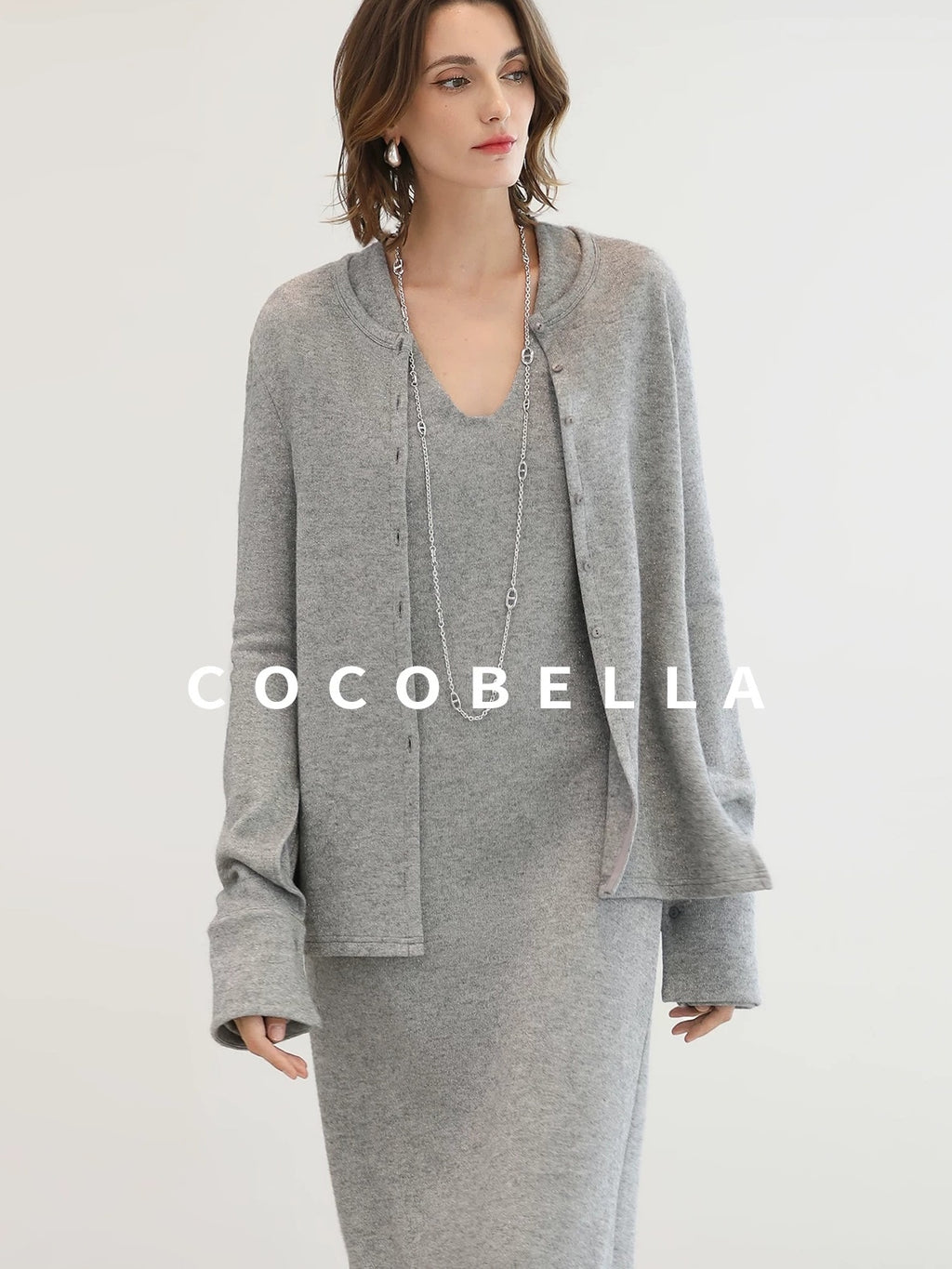 COCOBELLA Soft Elegant V Neck Slim Fit Knitted Long Sleeve Women City Commute Dresses
