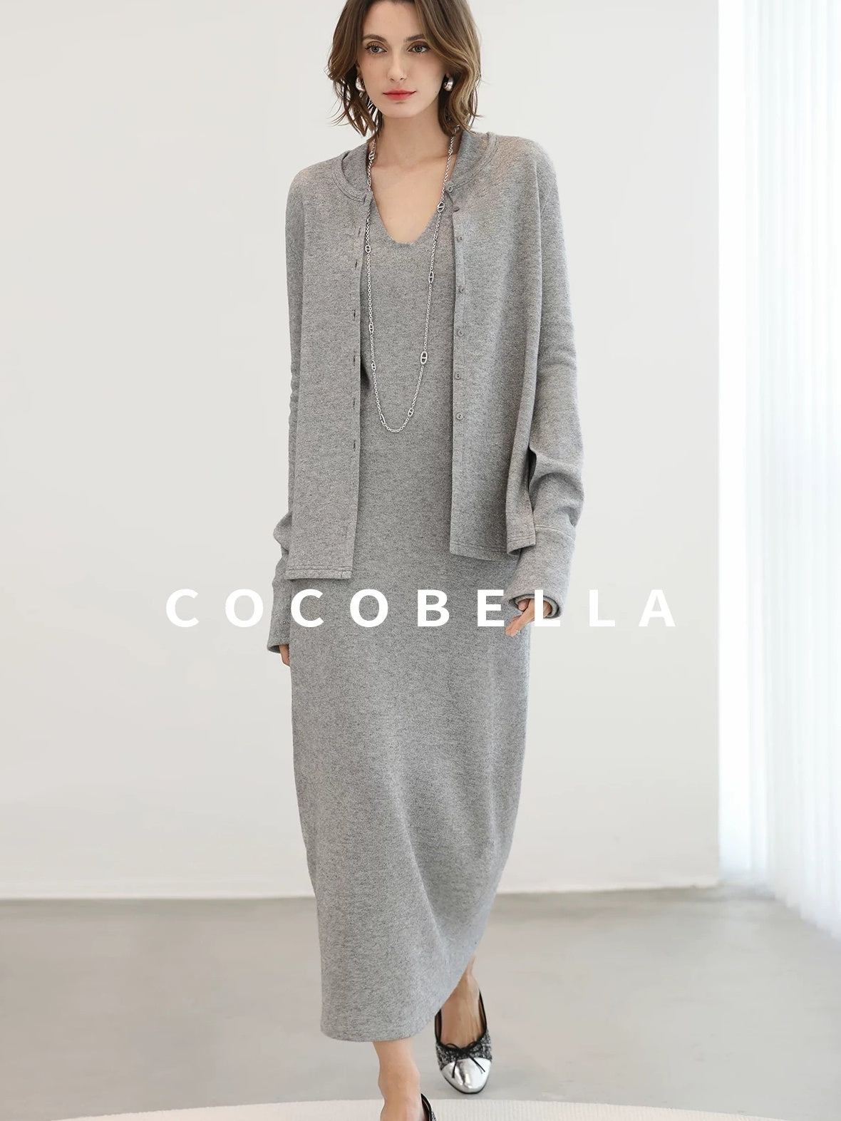 COCOBELLA Soft Elegant V Neck Slim Fit Knitted Long Sleeve Women City Commute Dresses