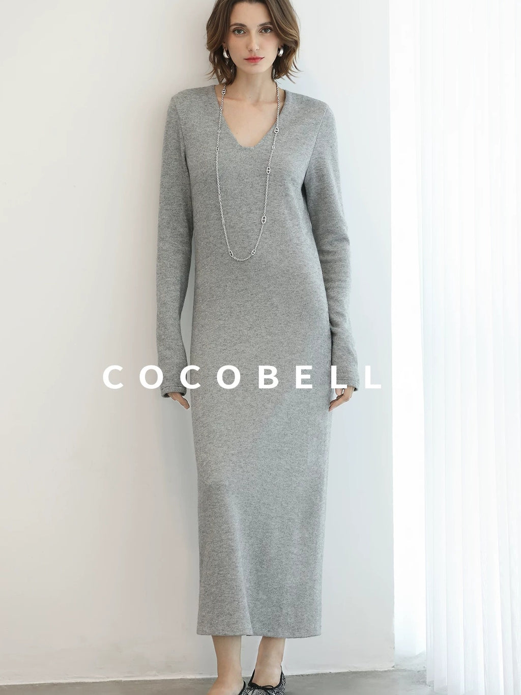 COCOBELLA Soft Elegant V Neck Slim Fit Knitted Long Sleeve Women City Commute Dresses