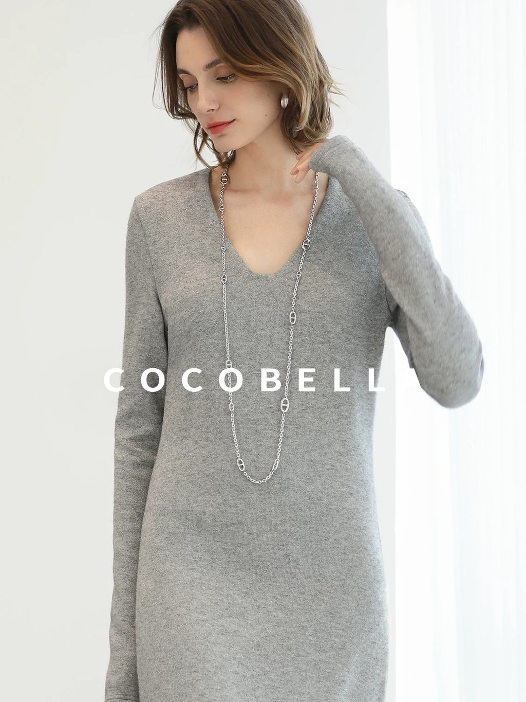 COCOBELLA Soft Elegant V Neck Slim Fit Knitted Long Sleeve Women City Commute Dresses