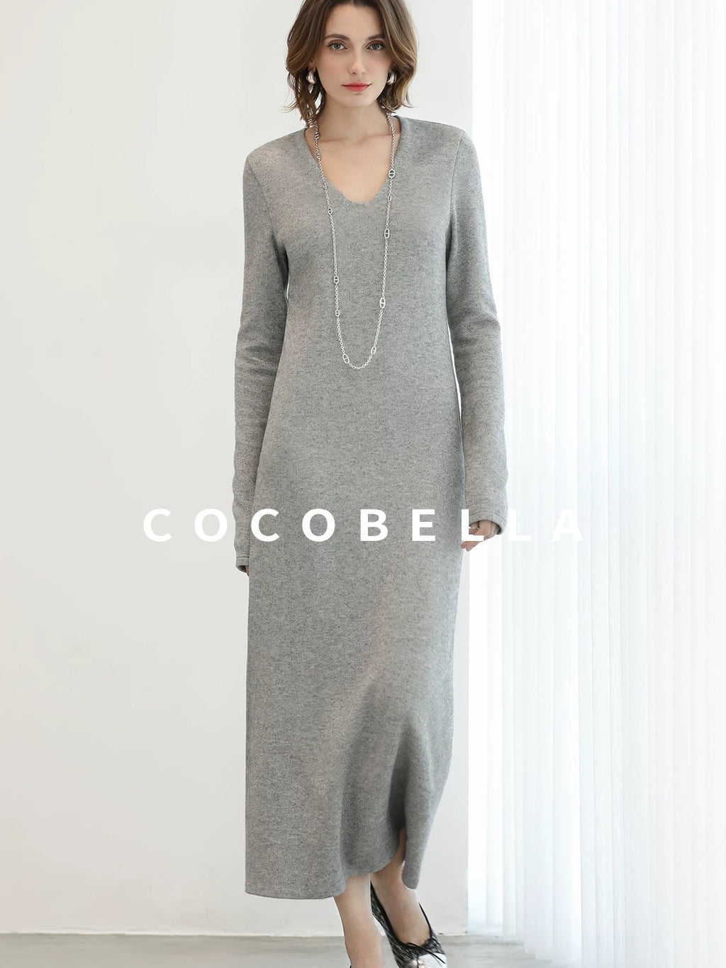 COCOBELLA Soft Elegant V Neck Slim Fit Knitted Long Sleeve Women City Commute Dresses