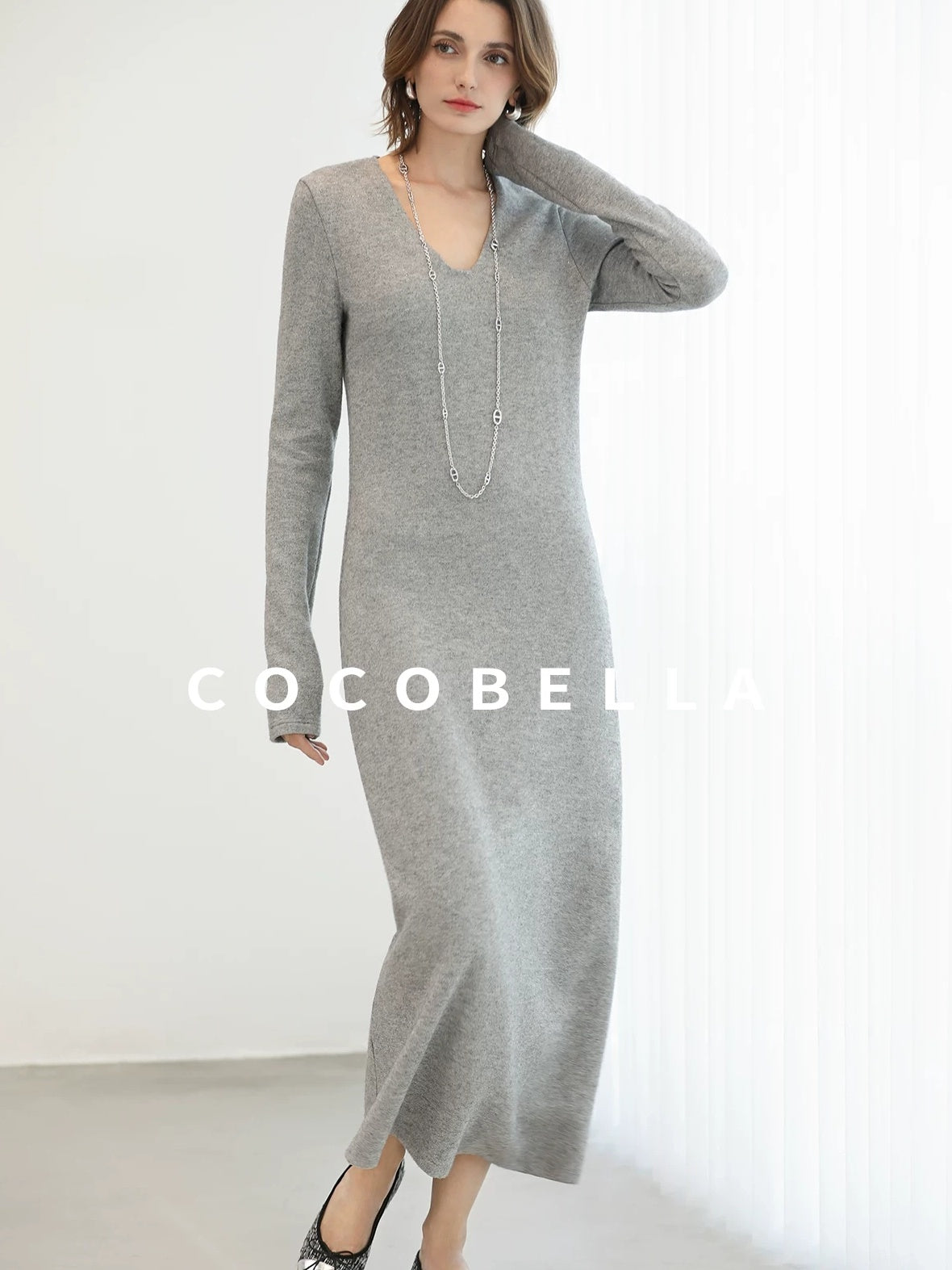 COCOBELLA Soft Elegant V Neck Slim Fit Knitted Long Sleeve Women City Commute Dresses