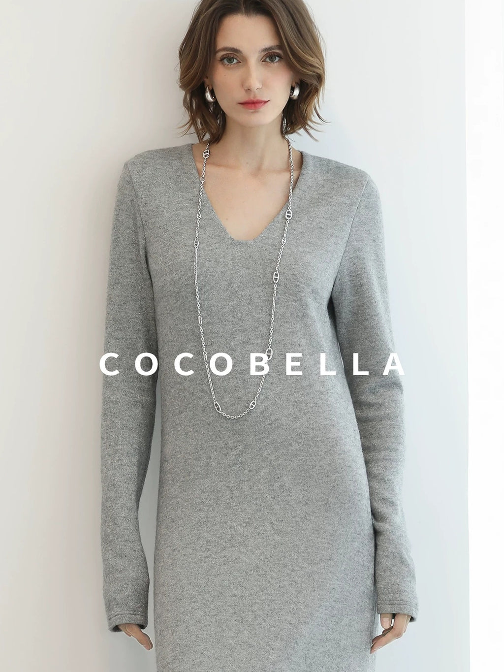 COCOBELLA Soft Elegant V Neck Slim Fit Knitted Long Sleeve Women City Commute Dresses