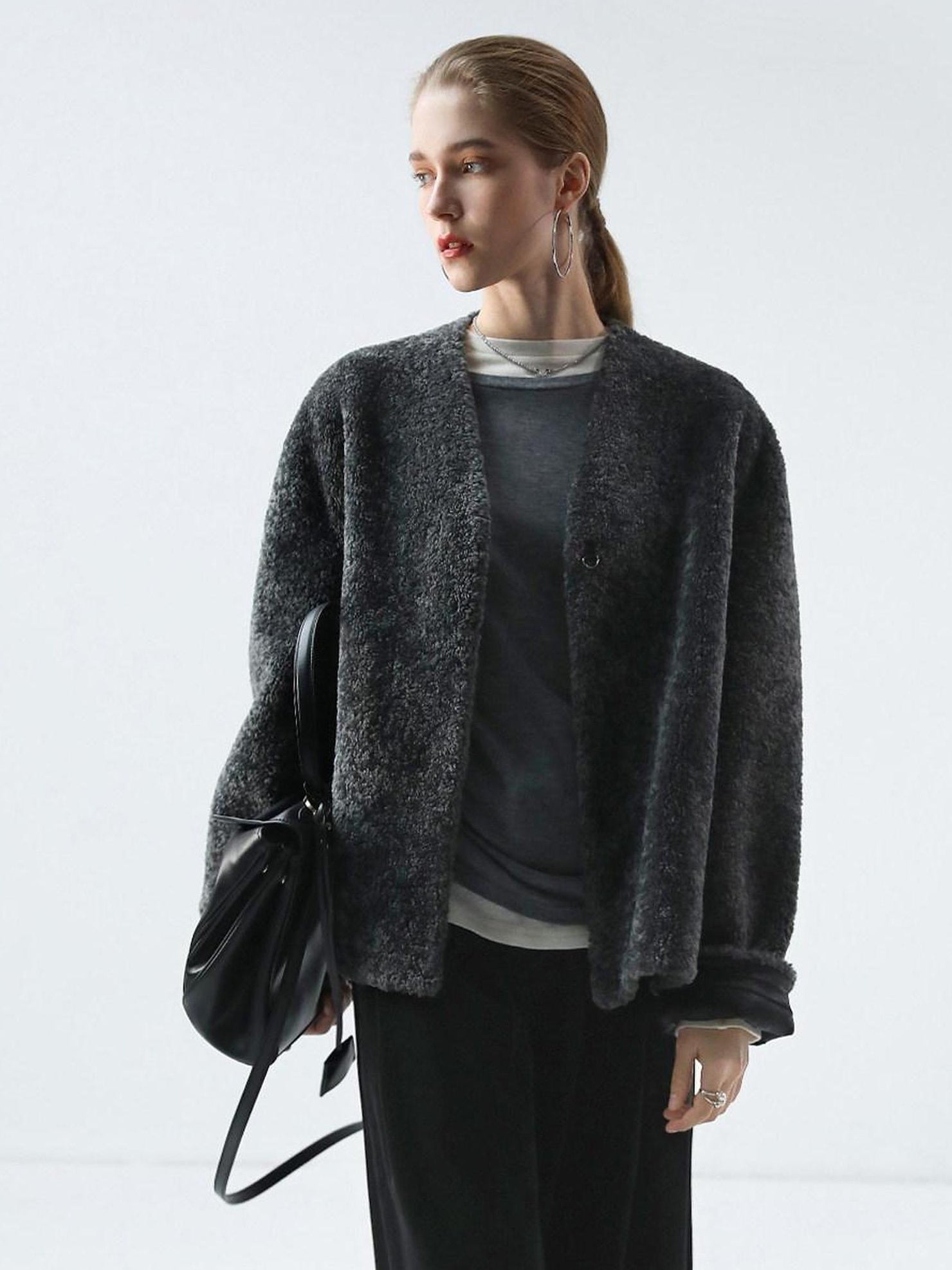 COCOBELLA Soft Faux Fur Cropped Straight Cut Office Alpine Gray Polyester Jackets