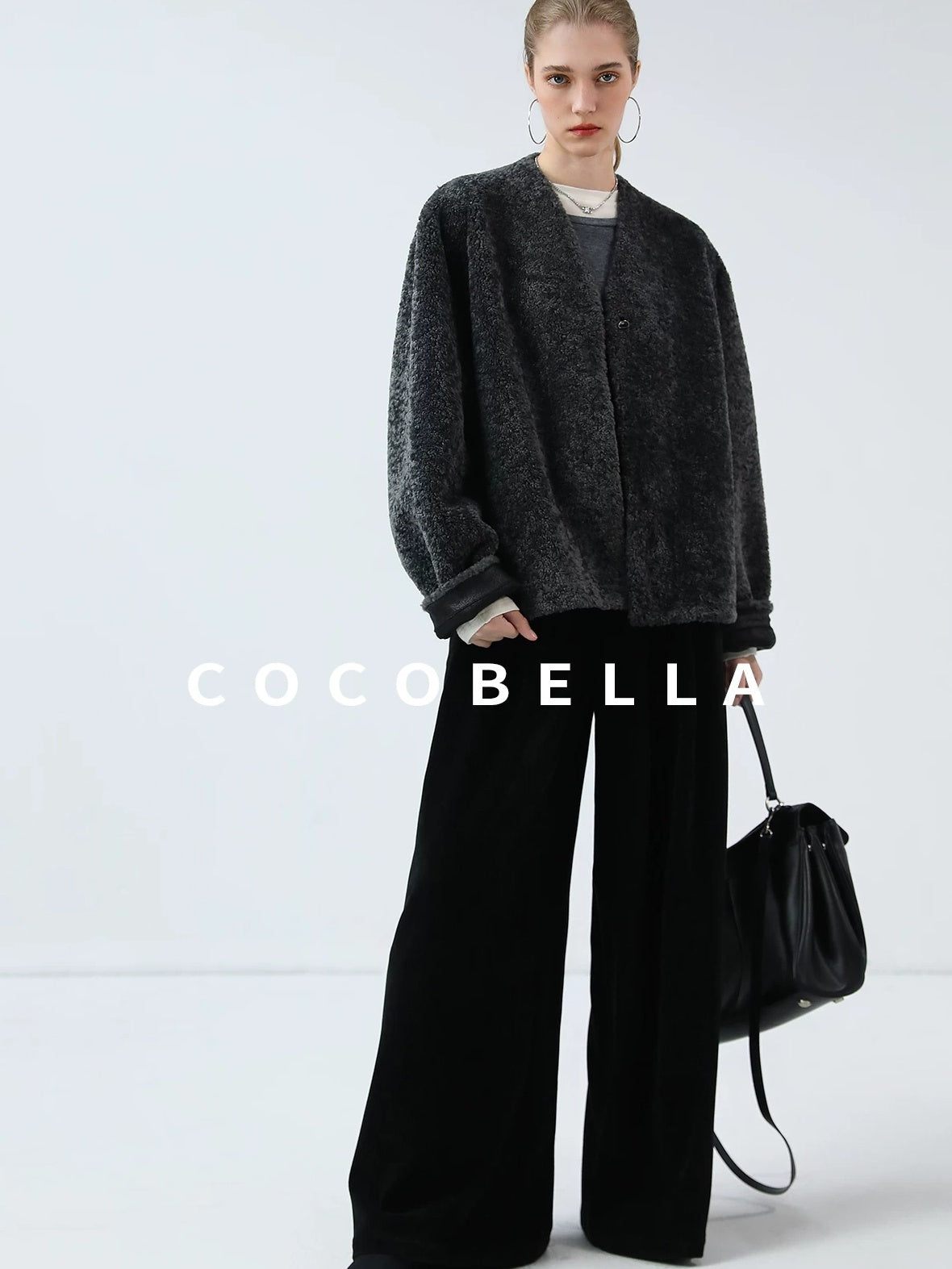 COCOBELLA Soft Faux Fur Cropped Straight Cut Office Alpine Gray Polyester Jackets