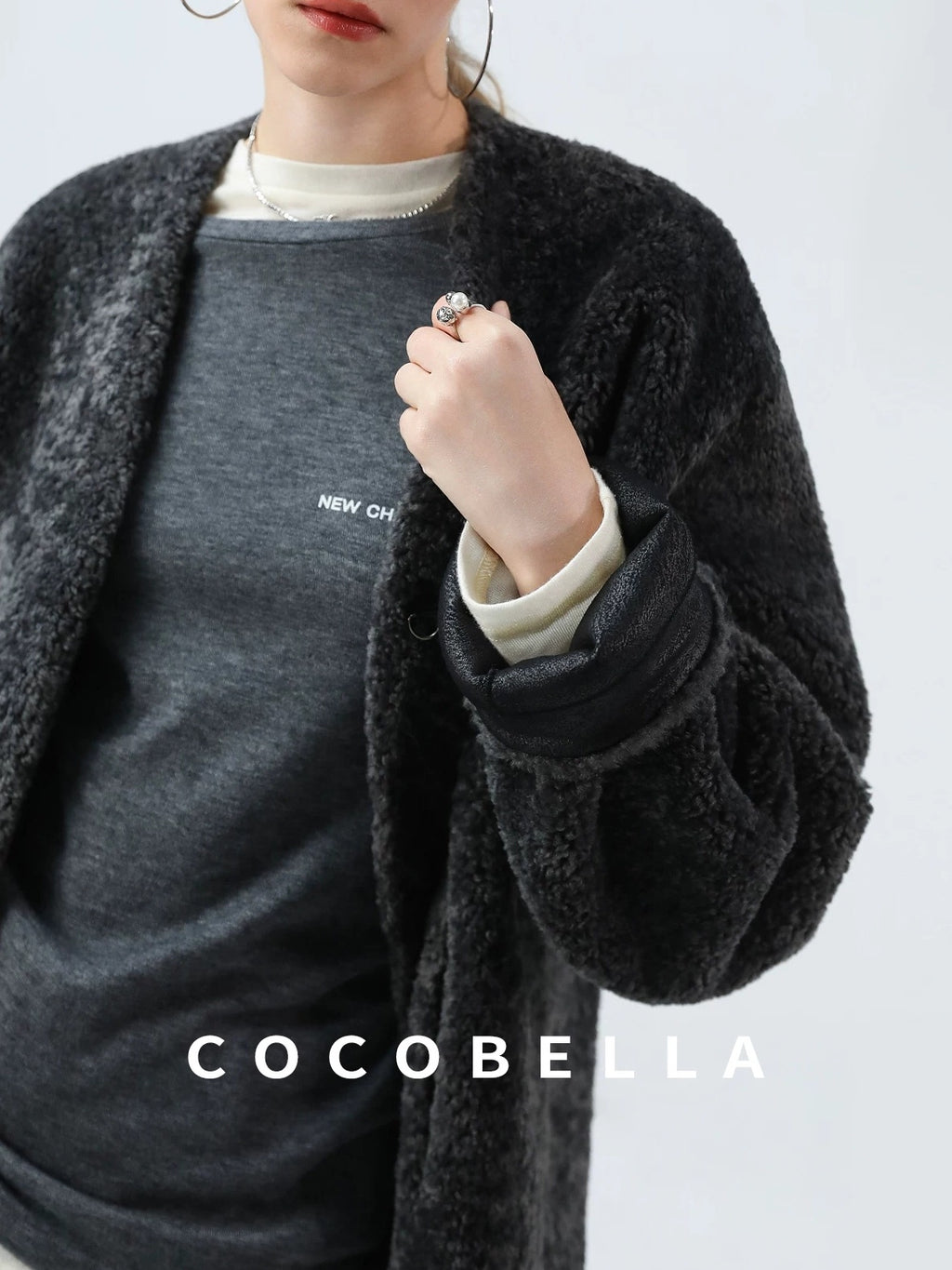 COCOBELLA Soft Faux Fur Cropped Straight Cut Office Alpine Gray Polyester Jackets