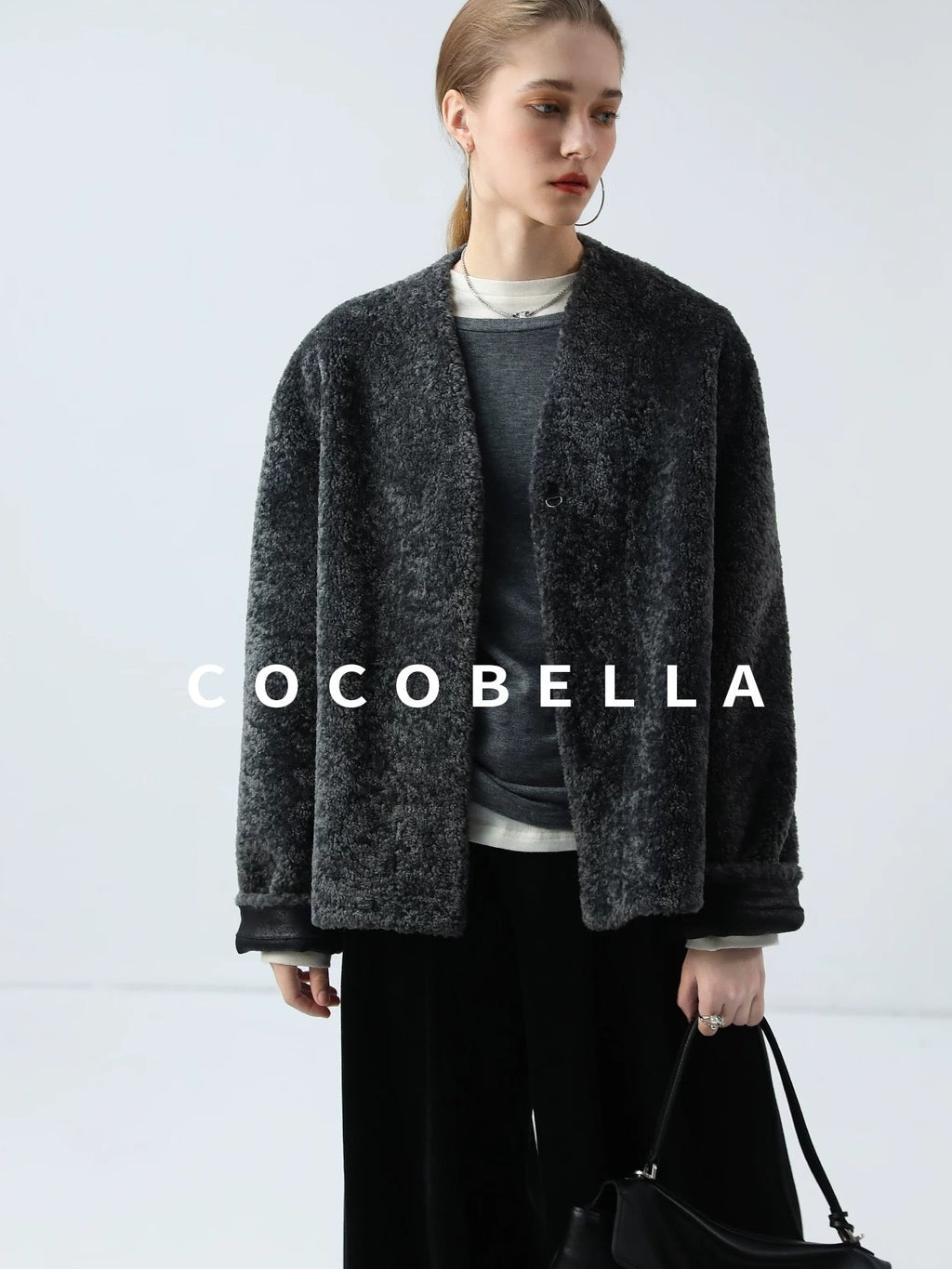 COCOBELLA Soft Faux Fur Cropped Straight Cut Office Alpine Gray Polyester Jackets