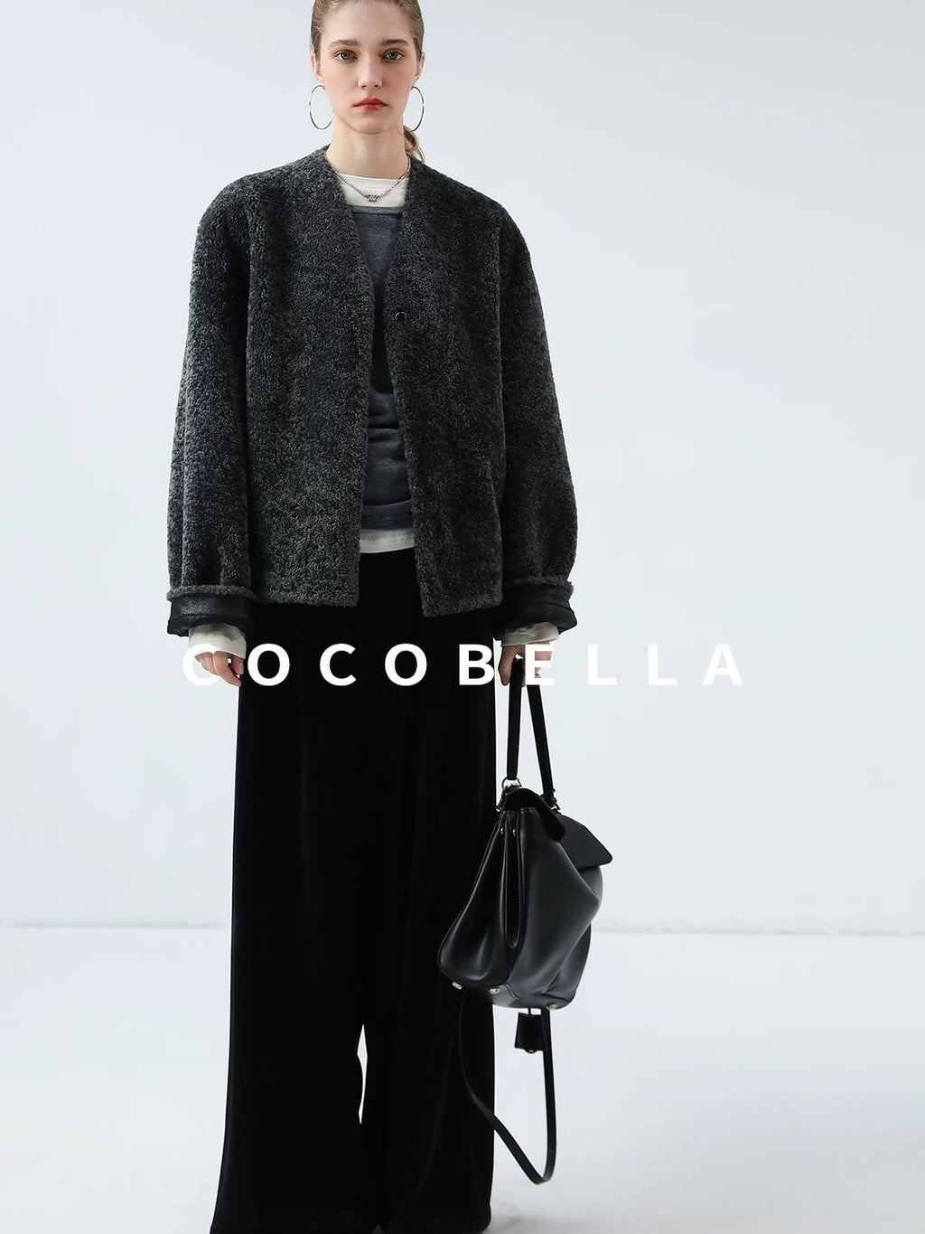 COCOBELLA Soft Faux Fur Cropped Straight Cut Office Alpine Gray Polyester Jackets