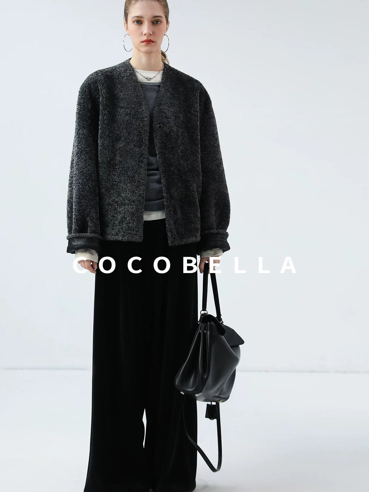 COCOBELLA Soft Faux Fur Cropped Straight Cut Office Alpine Gray Polyester Jackets