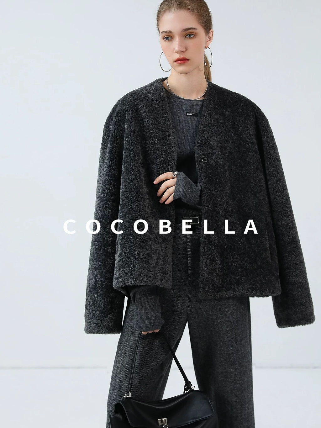COCOBELLA Soft Faux Fur Cropped Straight Cut Office Alpine Gray Polyester Jackets