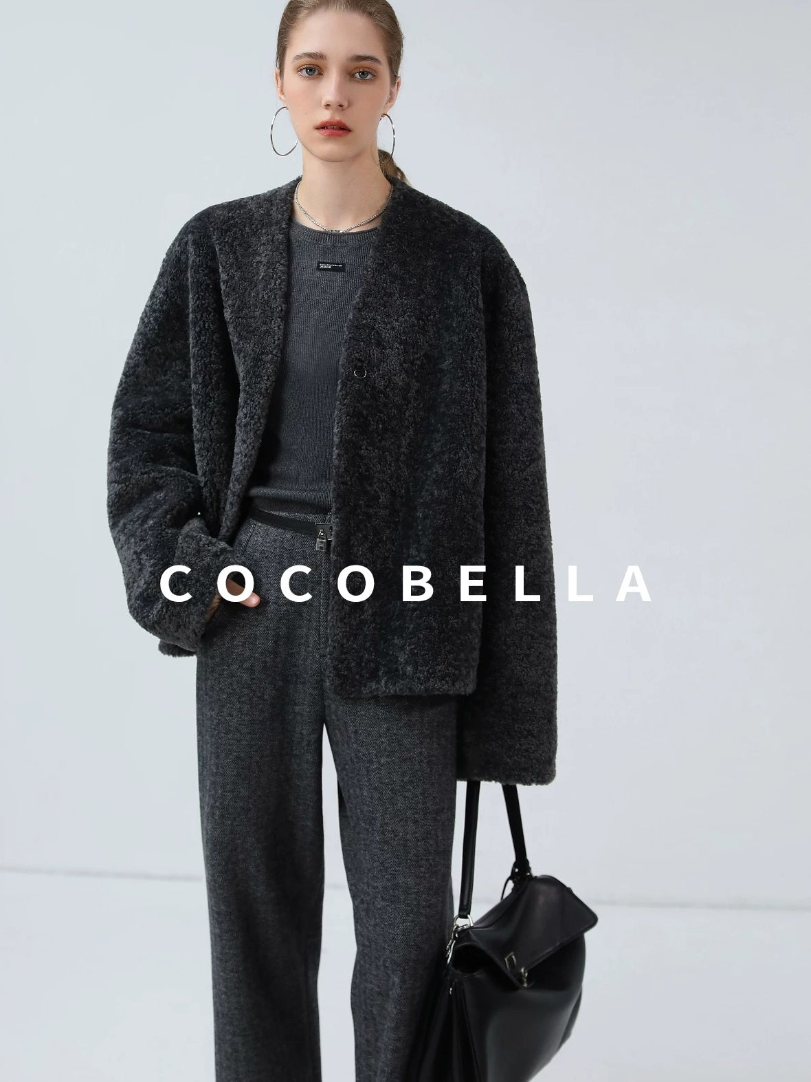 COCOBELLA Soft Faux Fur Cropped Straight Cut Office Alpine Gray Polyester Jackets