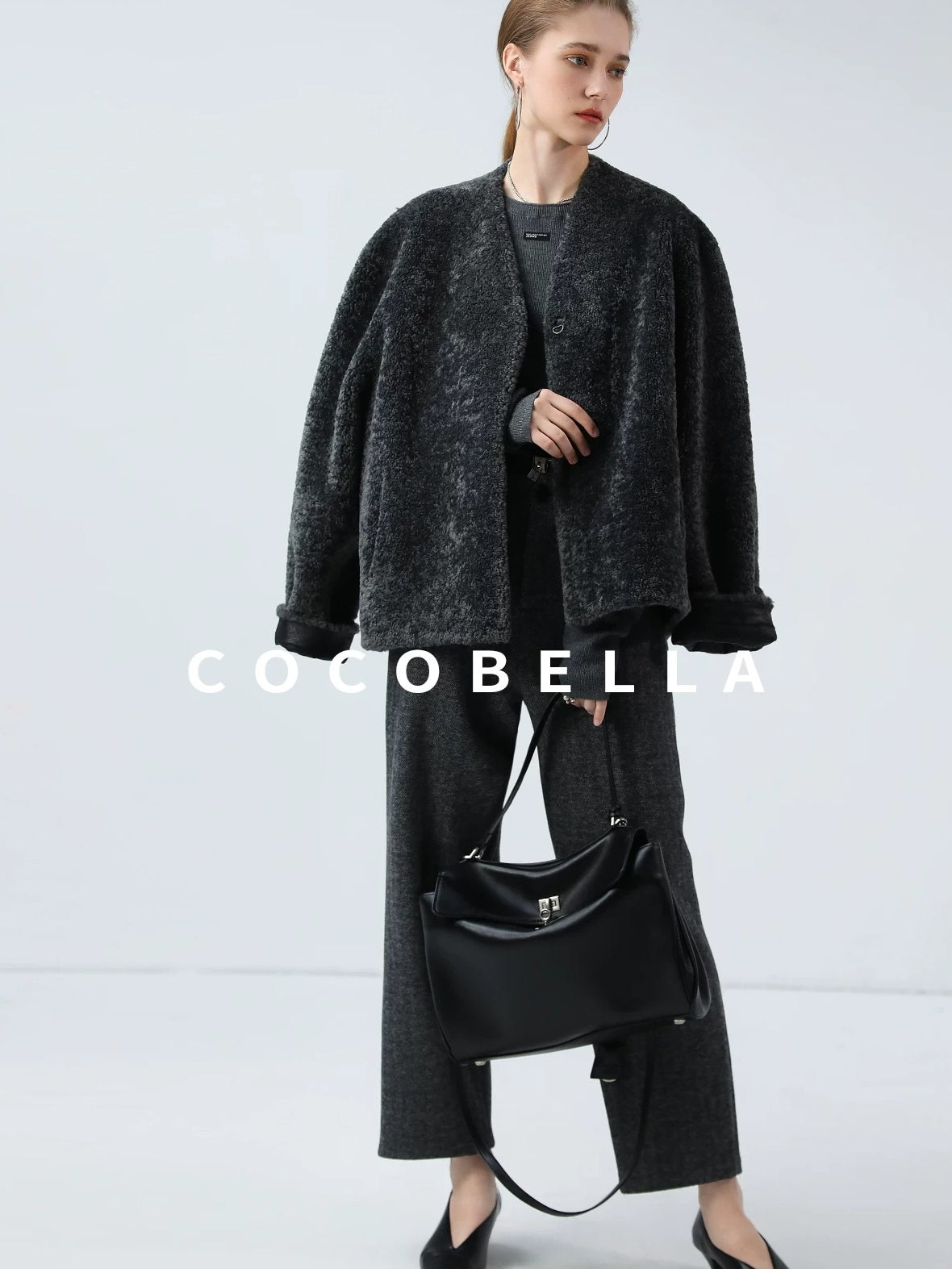 COCOBELLA Soft Faux Fur Cropped Straight Cut Office Alpine Gray Polyester Jackets