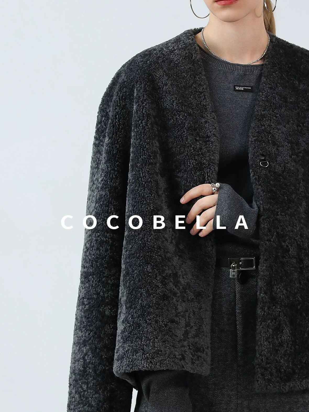 COCOBELLA Soft Faux Fur Cropped Straight Cut Office Alpine Gray Polyester Jackets