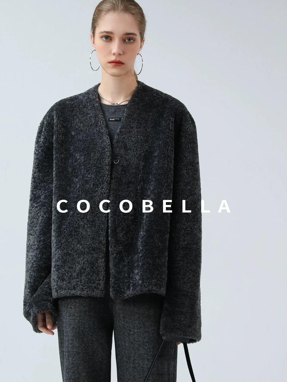 COCOBELLA Soft Faux Fur Cropped Straight Cut Office Alpine Gray Polyester Jackets