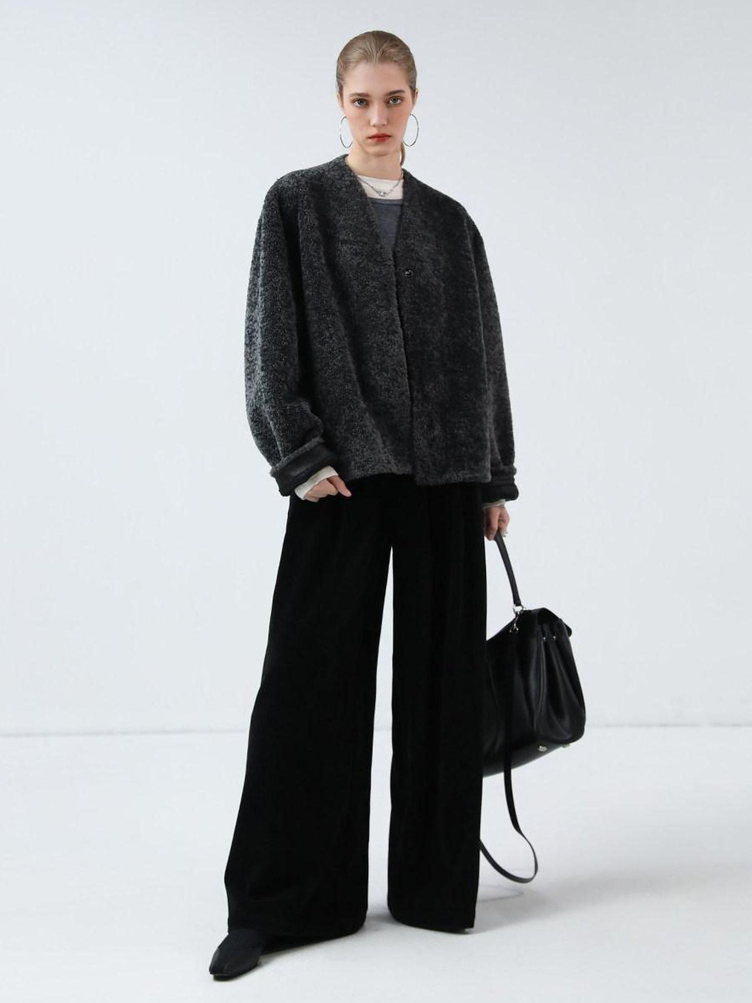 COCOBELLA Soft Faux Fur Cropped Straight Cut Office Alpine Gray Polyester Jackets