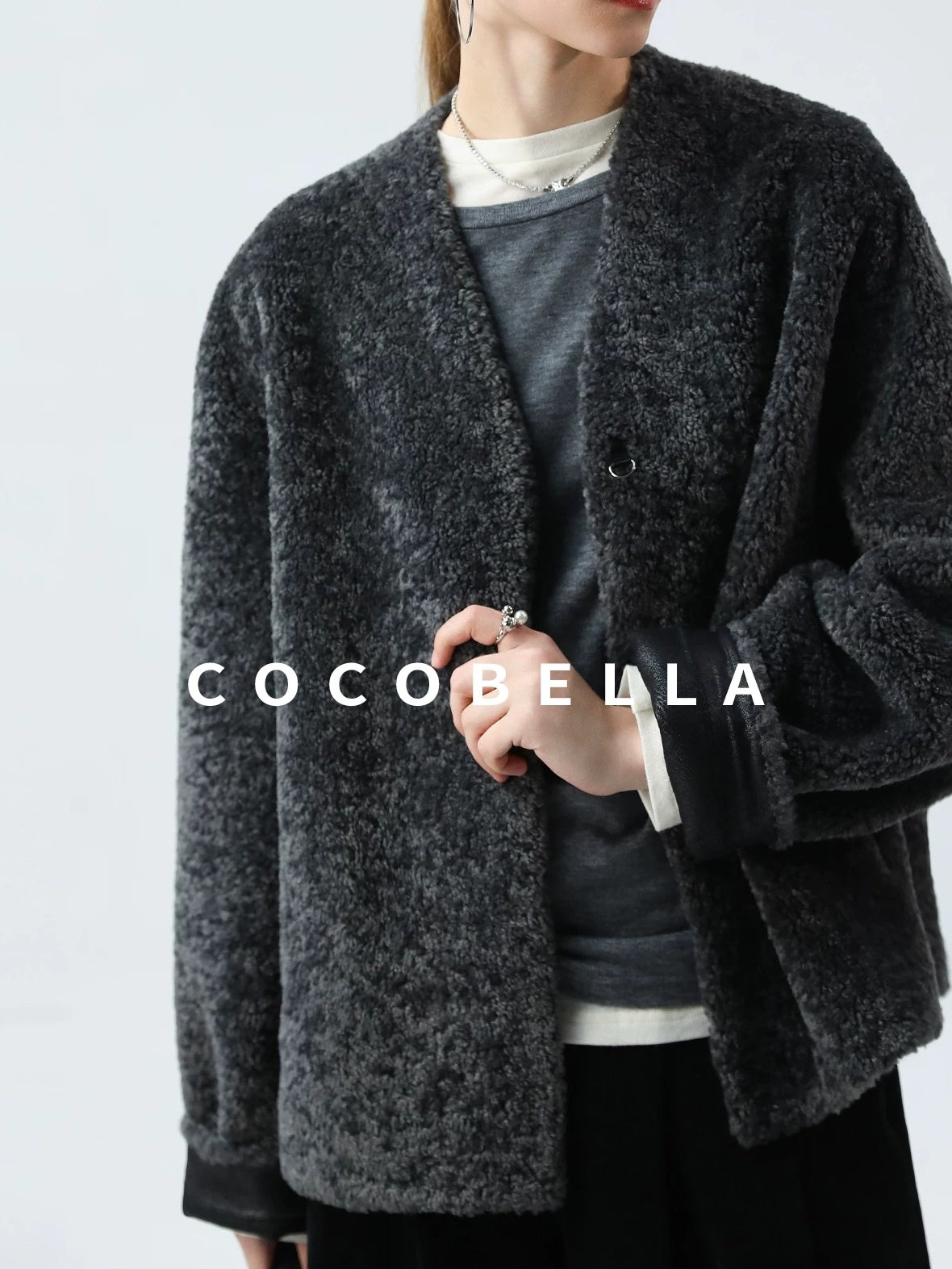 COCOBELLA Soft Faux Fur Cropped Straight Cut Office Alpine Gray Polyester Jackets