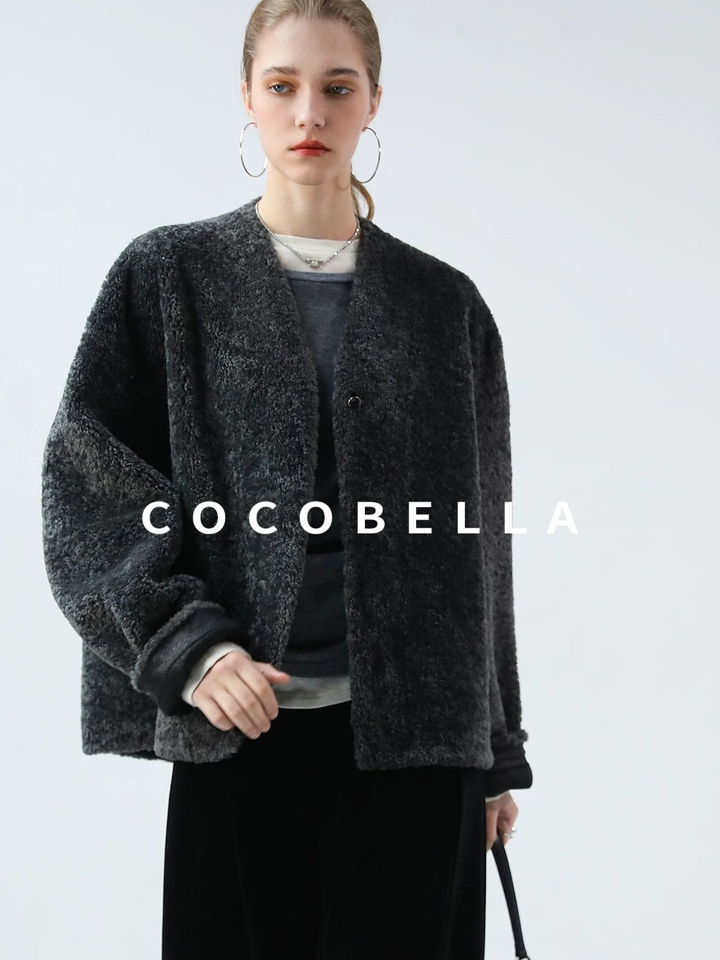 COCOBELLA Soft Faux Fur Cropped Straight Cut Office Alpine Gray Polyester Jackets