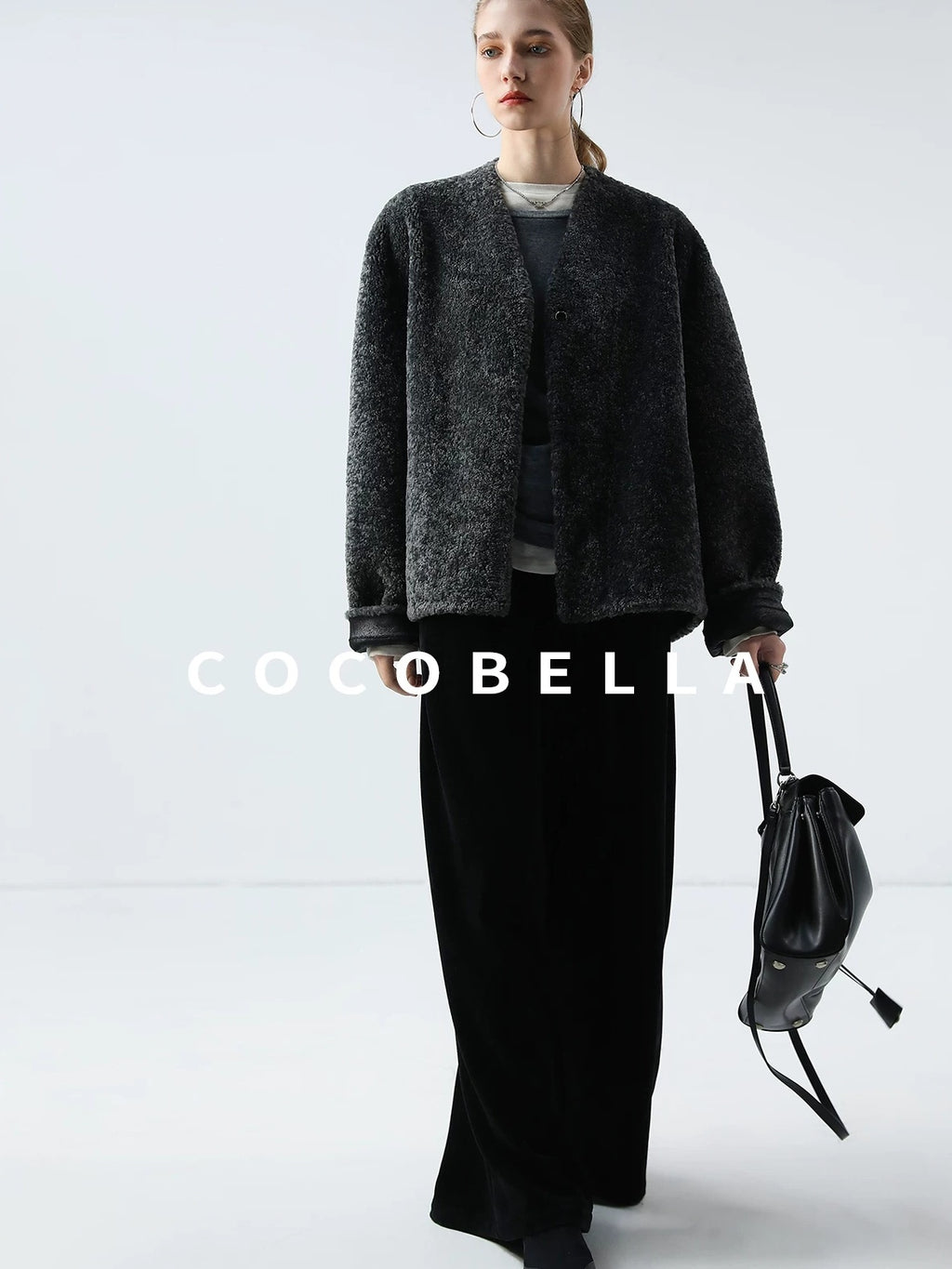 COCOBELLA Soft Faux Fur Cropped Straight Cut Office Alpine Gray Polyester Jackets