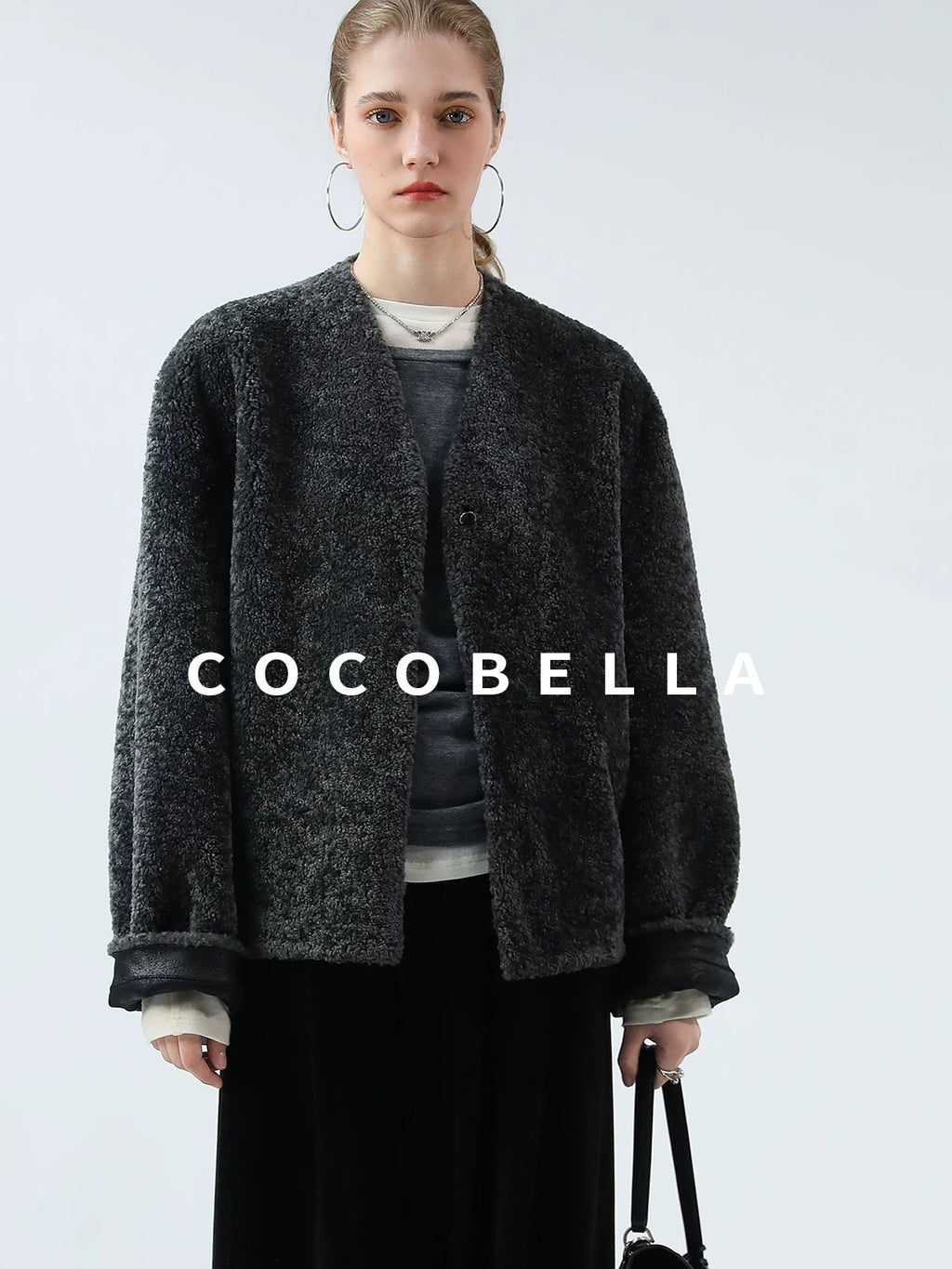 COCOBELLA Soft Faux Fur Cropped Straight Cut Office Alpine Gray Polyester Jackets