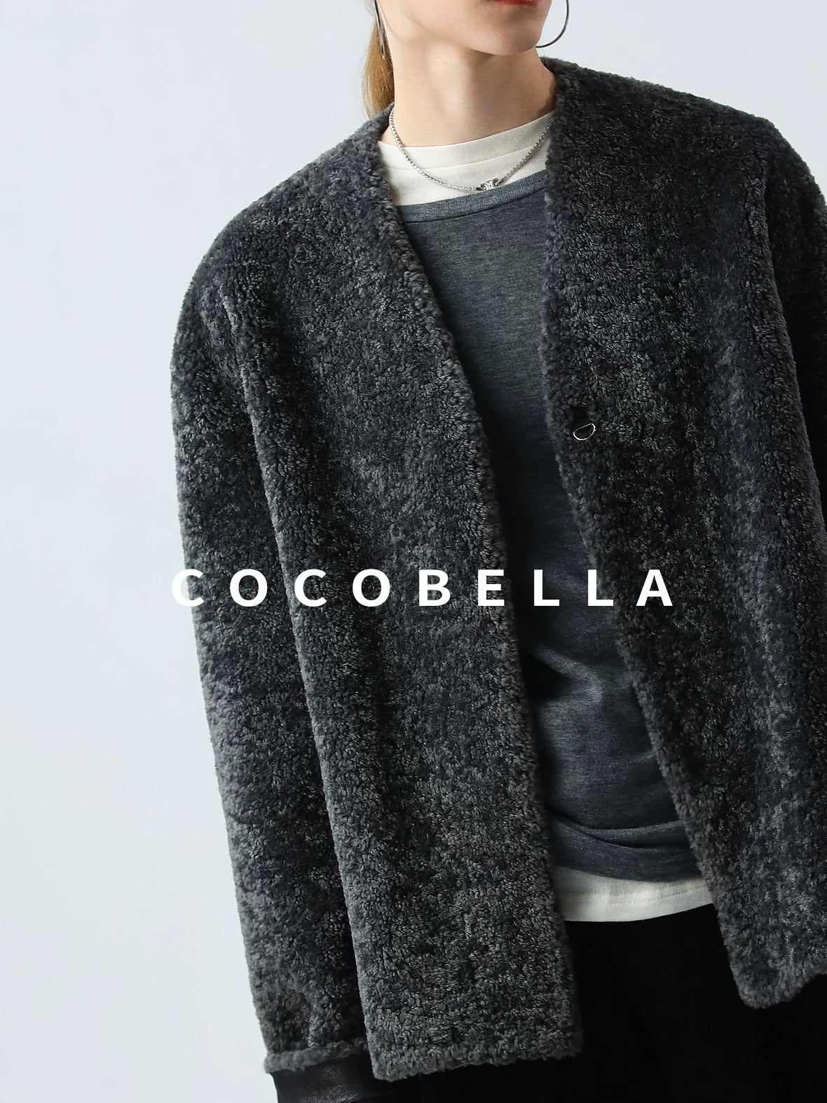 COCOBELLA Soft Faux Fur Cropped Straight Cut Office Alpine Gray Polyester Jackets