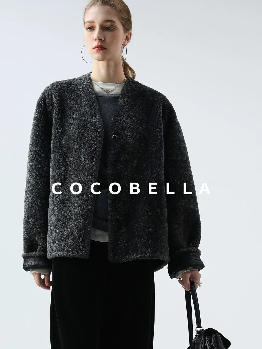 COCOBELLA Soft Faux Fur Cropped Straight Cut Office Alpine Gray Polyester Jackets