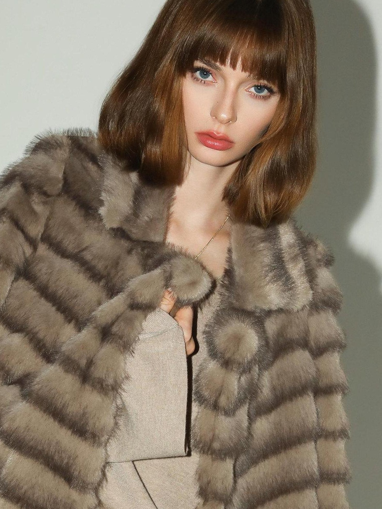 COCOBELLA Soft Faux Fur Horizontal Panel Loose Fit Ladylike Womens Pastel Coats