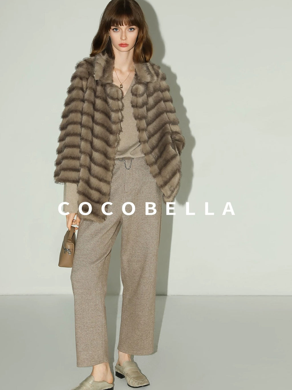 COCOBELLA Soft Faux Fur Horizontal Panel Loose Fit Ladylike Womens Pastel Coats