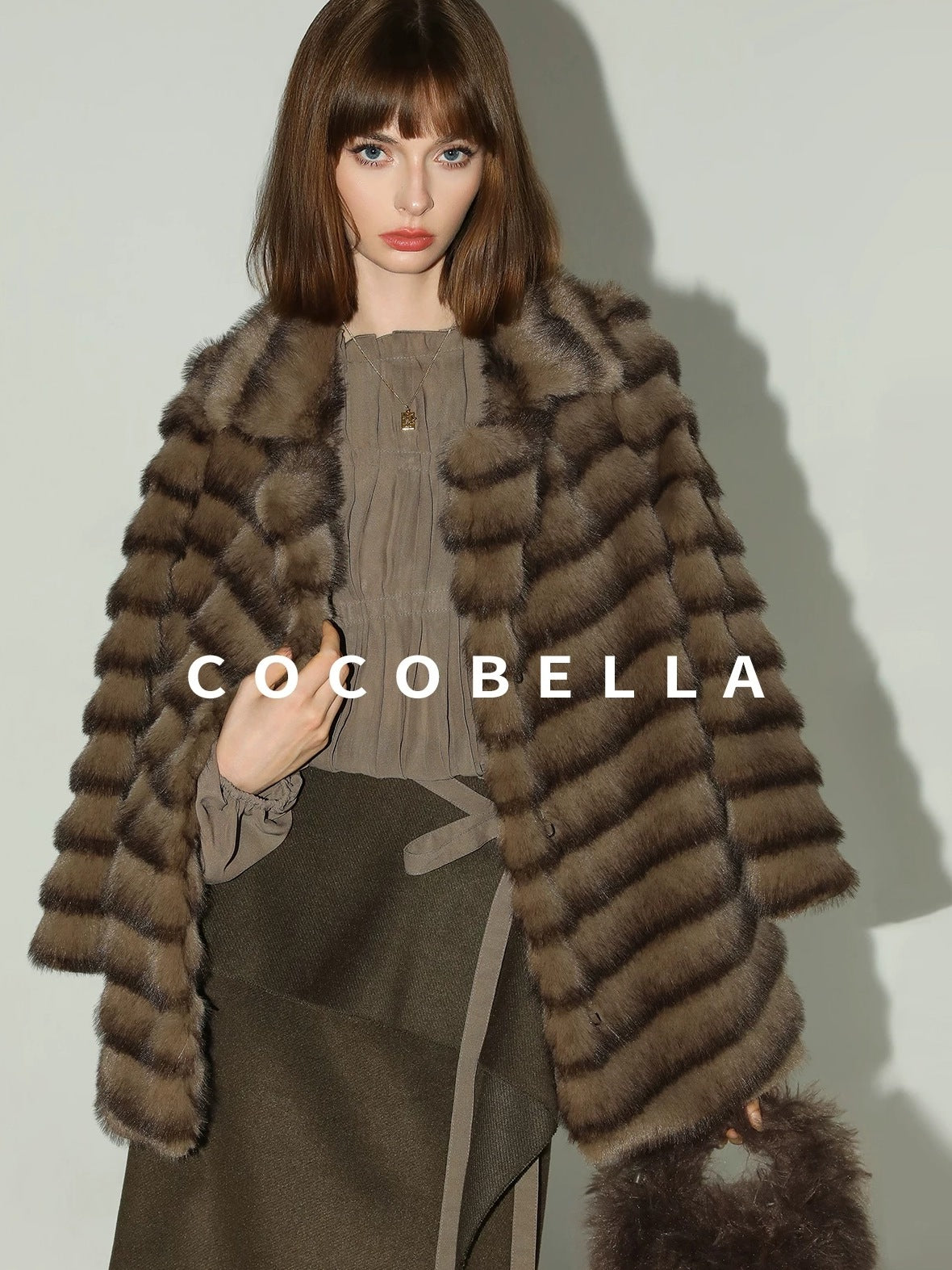 COCOBELLA Soft Faux Fur Horizontal Panel Loose Fit Ladylike Womens Pastel Coats
