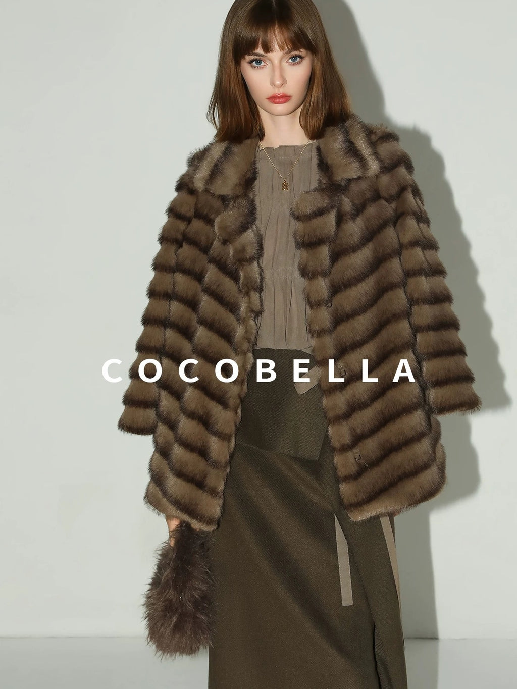 COCOBELLA Soft Faux Fur Horizontal Panel Loose Fit Ladylike Womens Pastel Coats