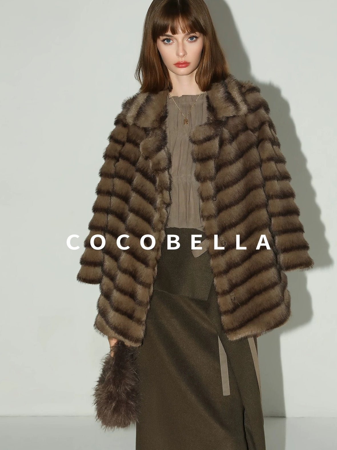 COCOBELLA Soft Faux Fur Horizontal Panel Loose Fit Ladylike Womens Pastel Coats