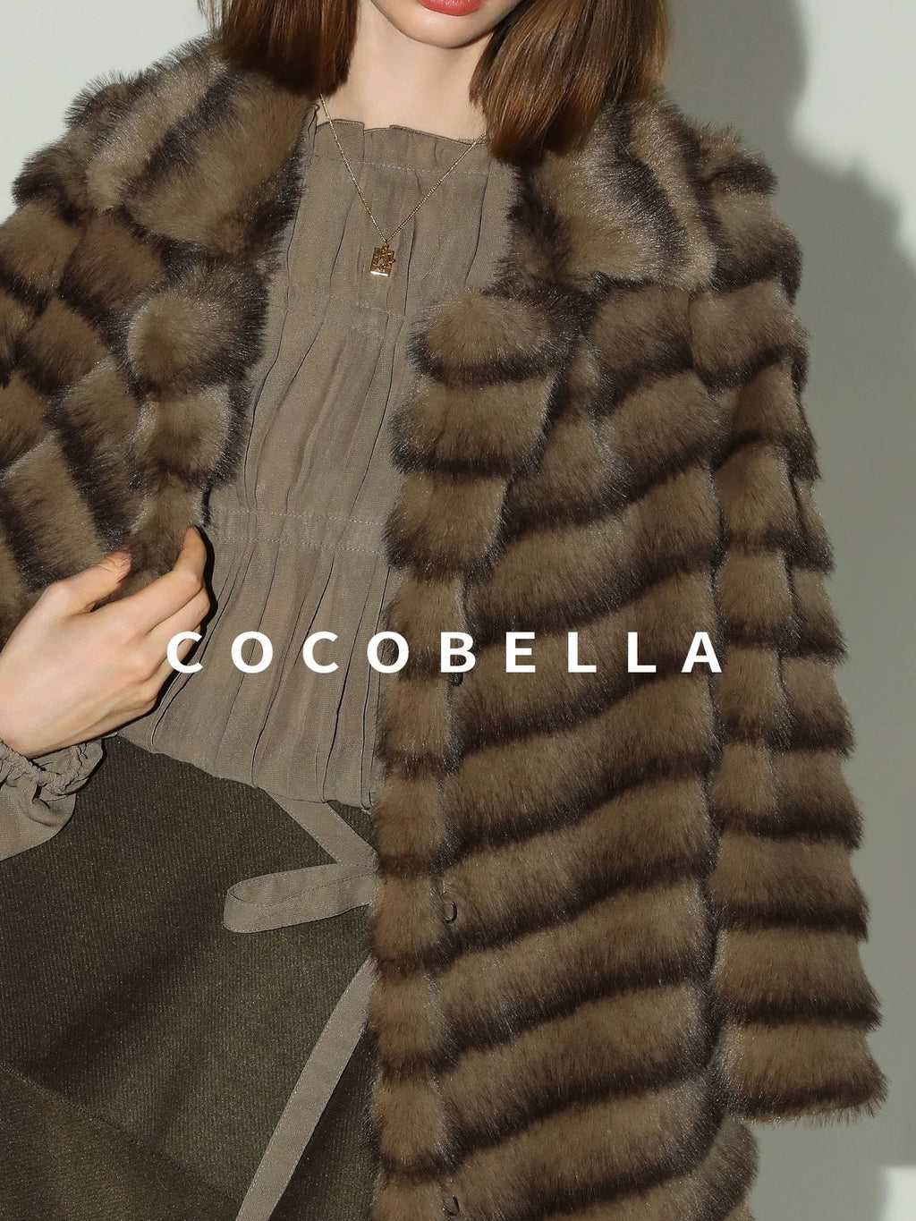 COCOBELLA Soft Faux Fur Horizontal Panel Loose Fit Ladylike Womens Pastel Coats