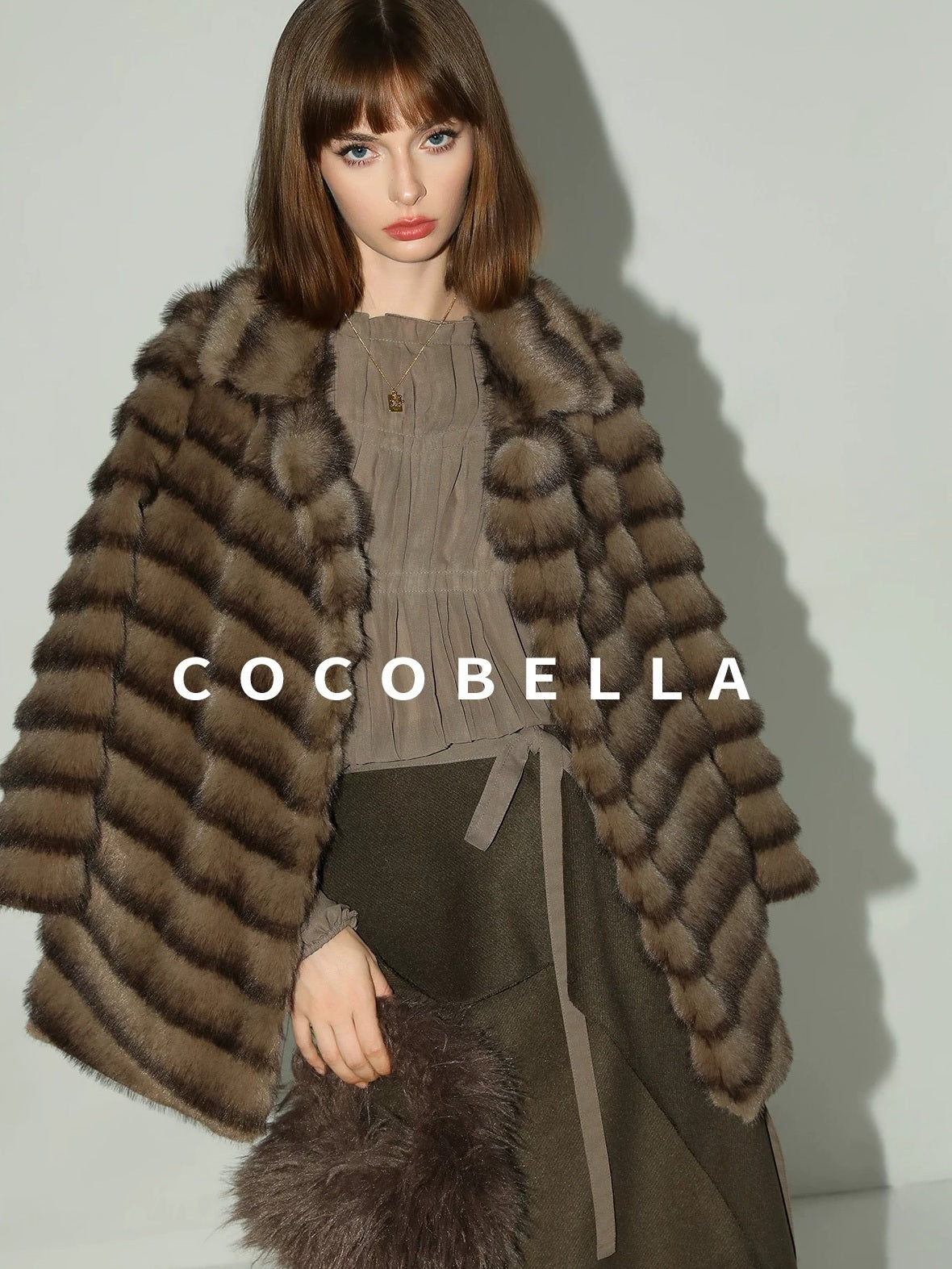 COCOBELLA Soft Faux Fur Horizontal Panel Loose Fit Ladylike Womens Pastel Coats