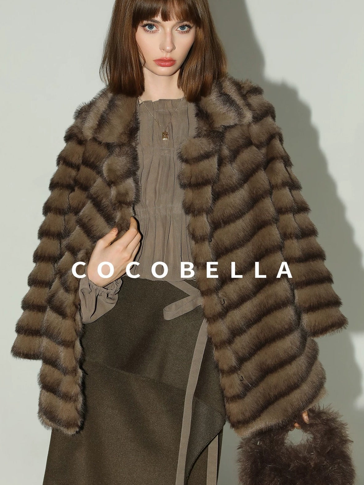 COCOBELLA Soft Faux Fur Horizontal Panel Loose Fit Ladylike Womens Pastel Coats
