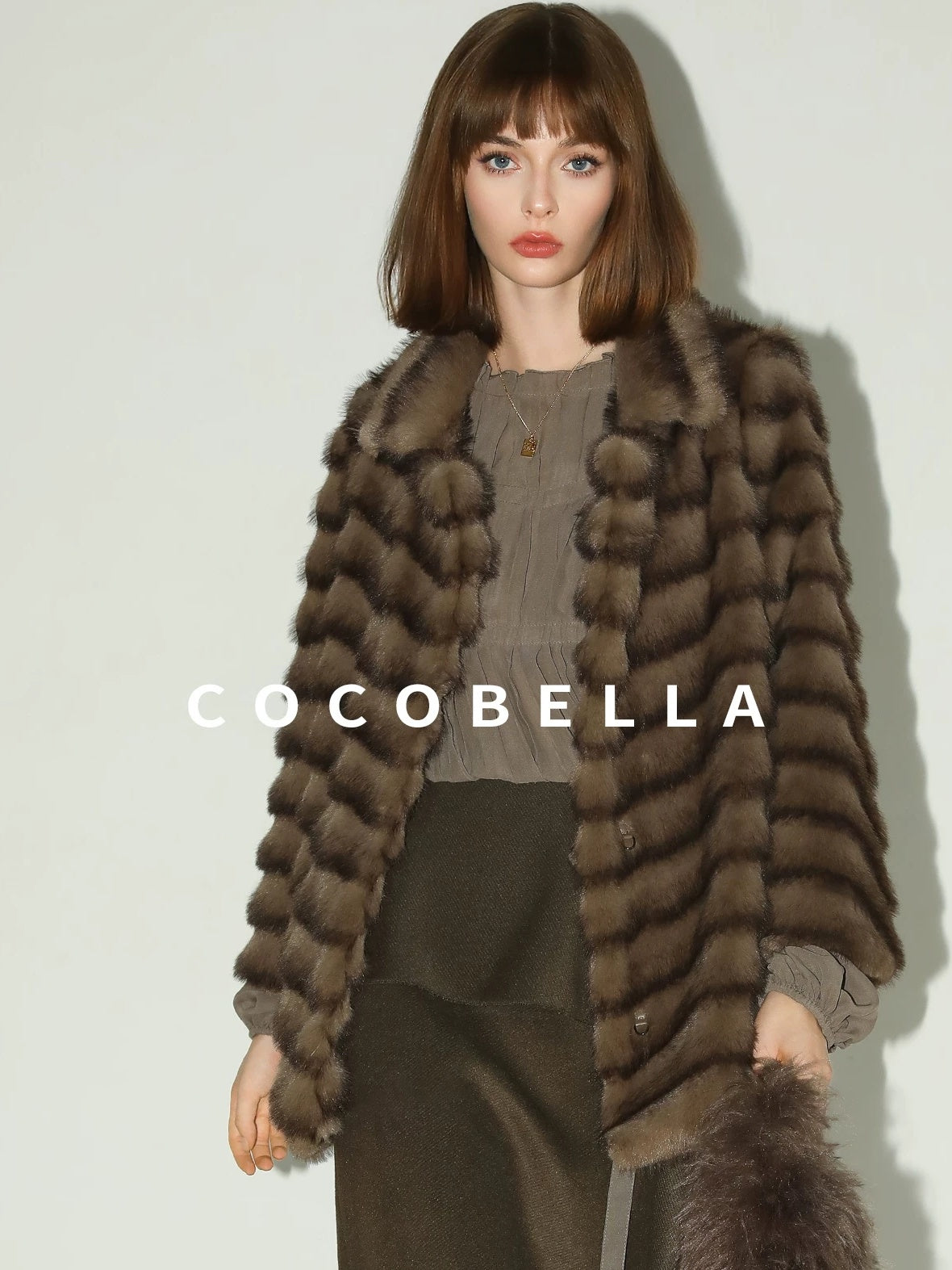 COCOBELLA Soft Faux Fur Horizontal Panel Loose Fit Ladylike Womens Pastel Coats