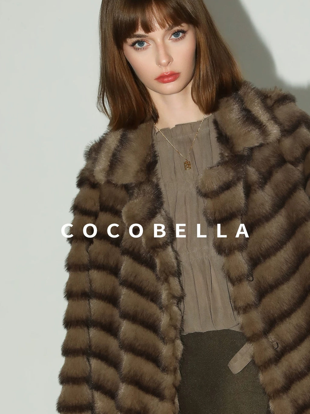COCOBELLA Soft Faux Fur Horizontal Panel Loose Fit Ladylike Womens Pastel Coats