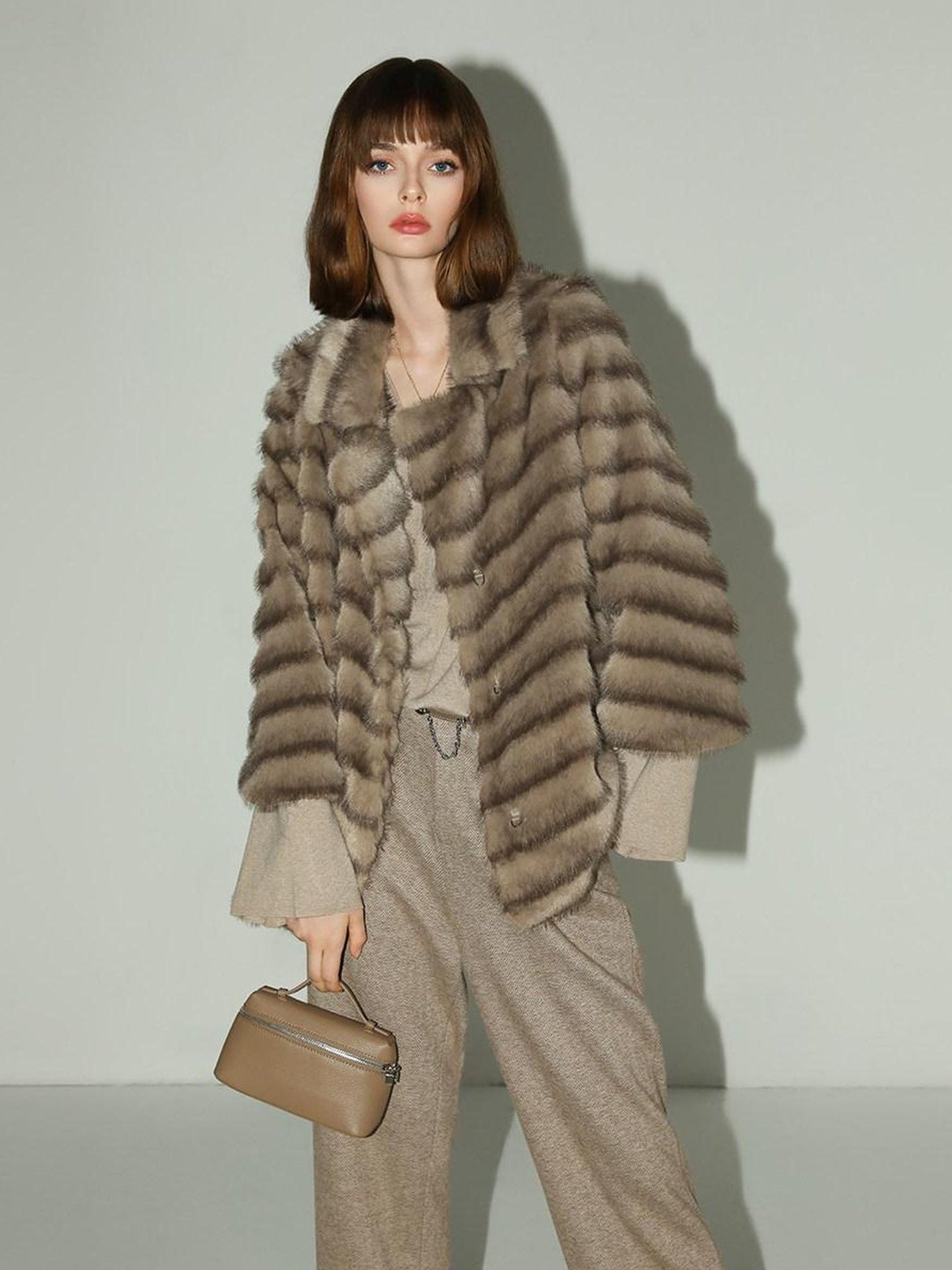 COCOBELLA Soft Faux Fur Horizontal Panel Loose Fit Ladylike Womens Pastel Coats