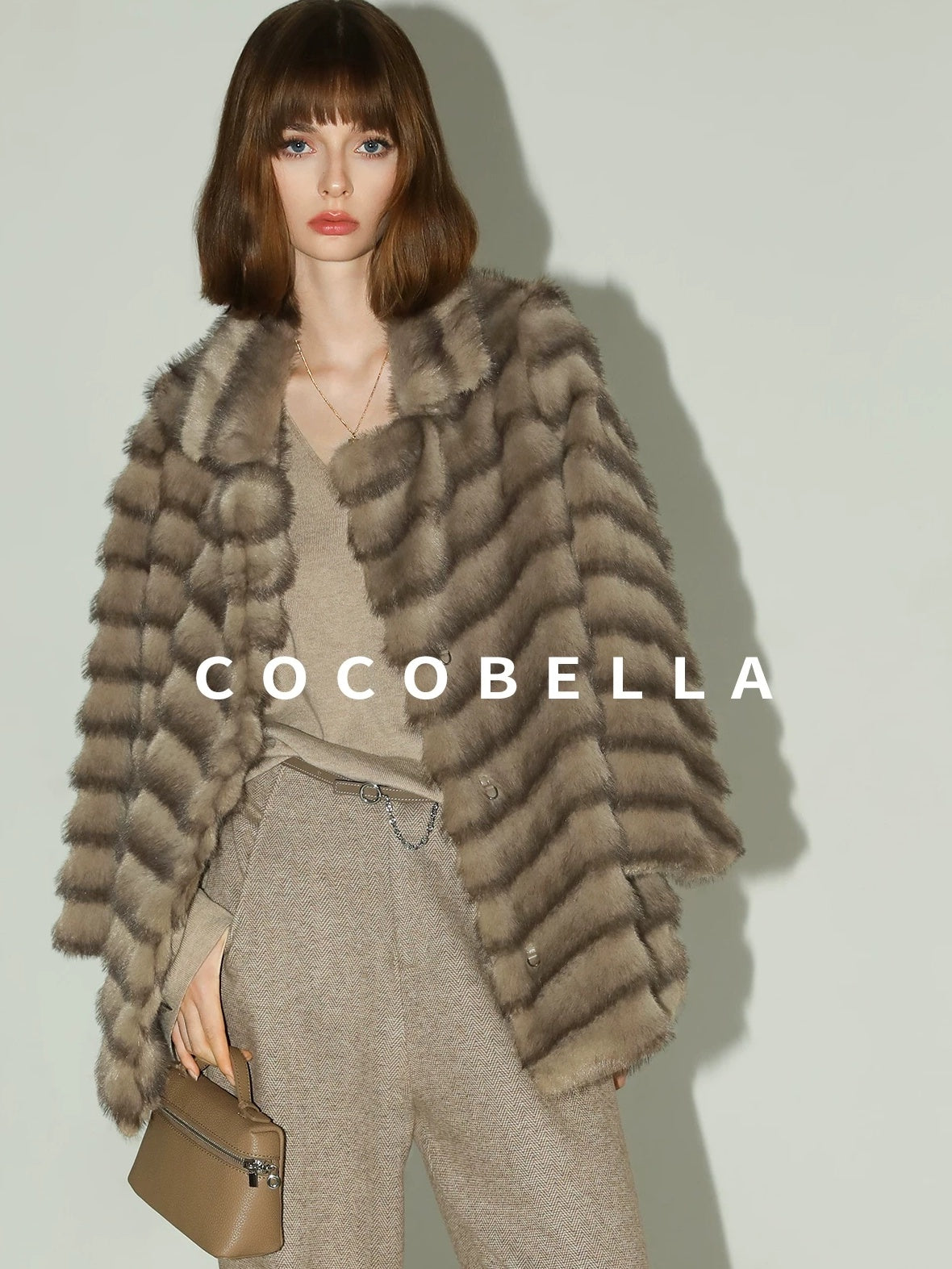 COCOBELLA Soft Faux Fur Horizontal Panel Loose Fit Ladylike Womens Pastel Coats