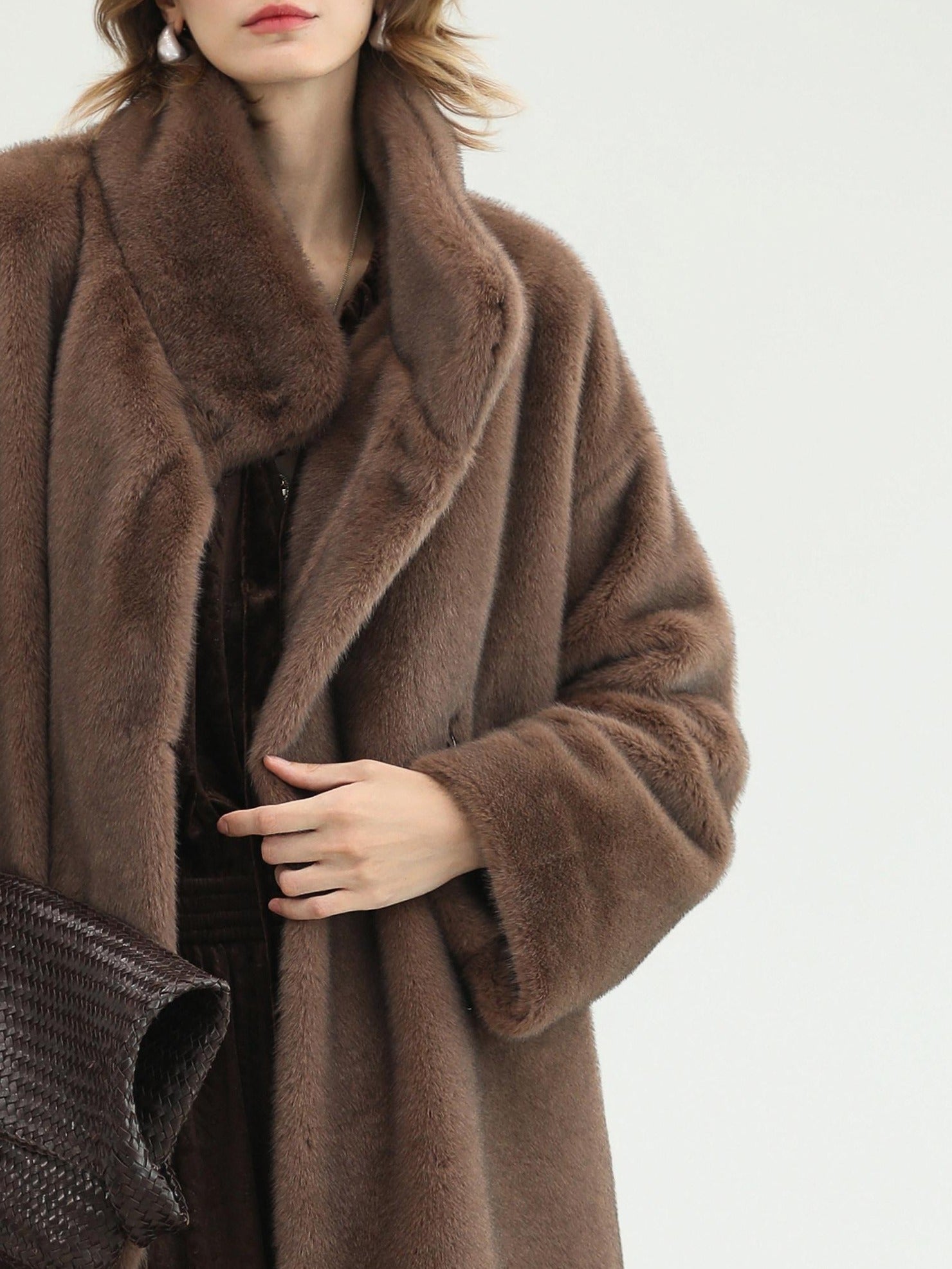 COCOBELLA Soft Faux Fur Long Straight Stand Collar Commuter Women Outerwear Coats