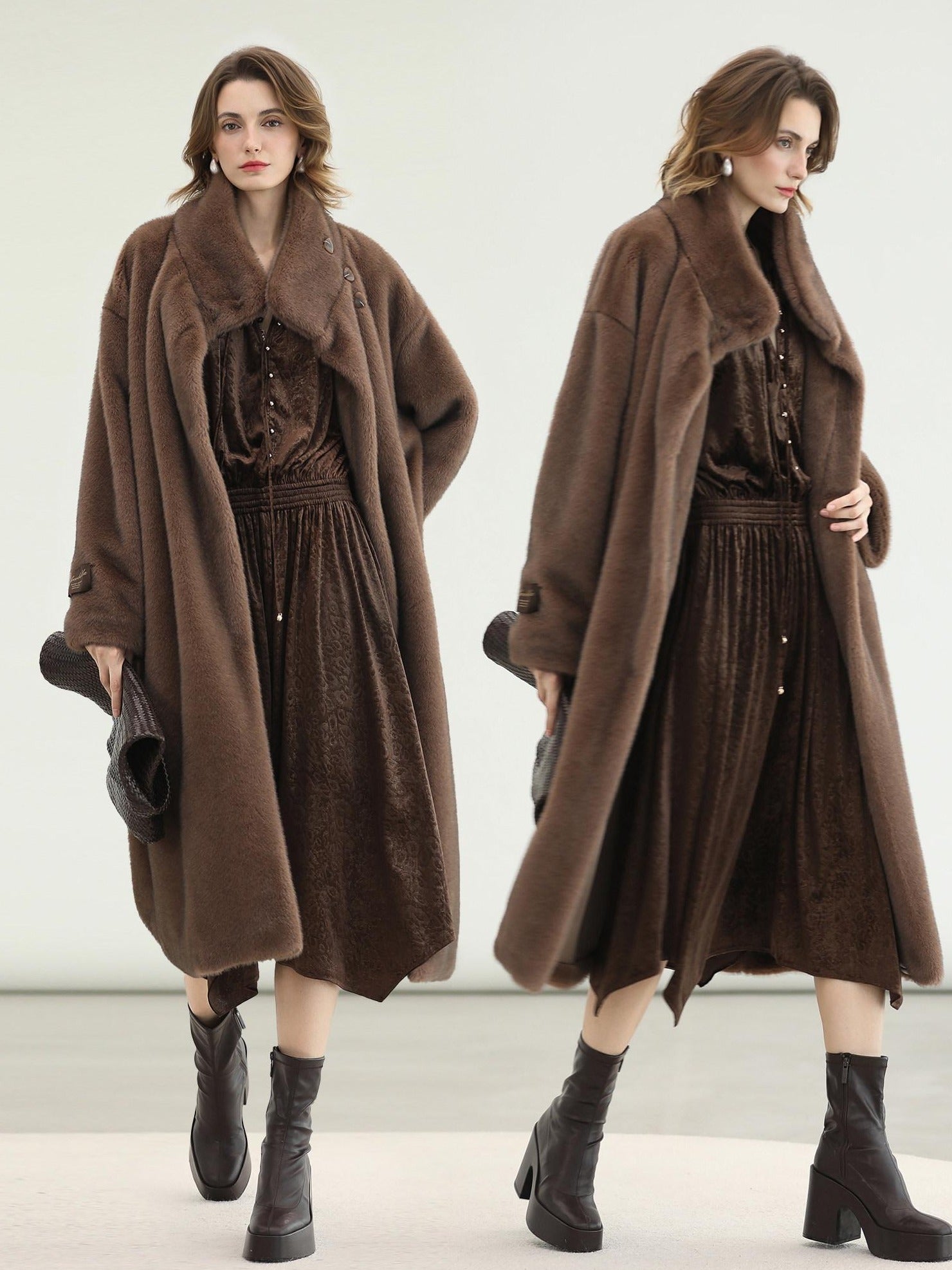 COCOBELLA Soft Faux Fur Long Straight Stand Collar Commuter Women Outerwear Coats
