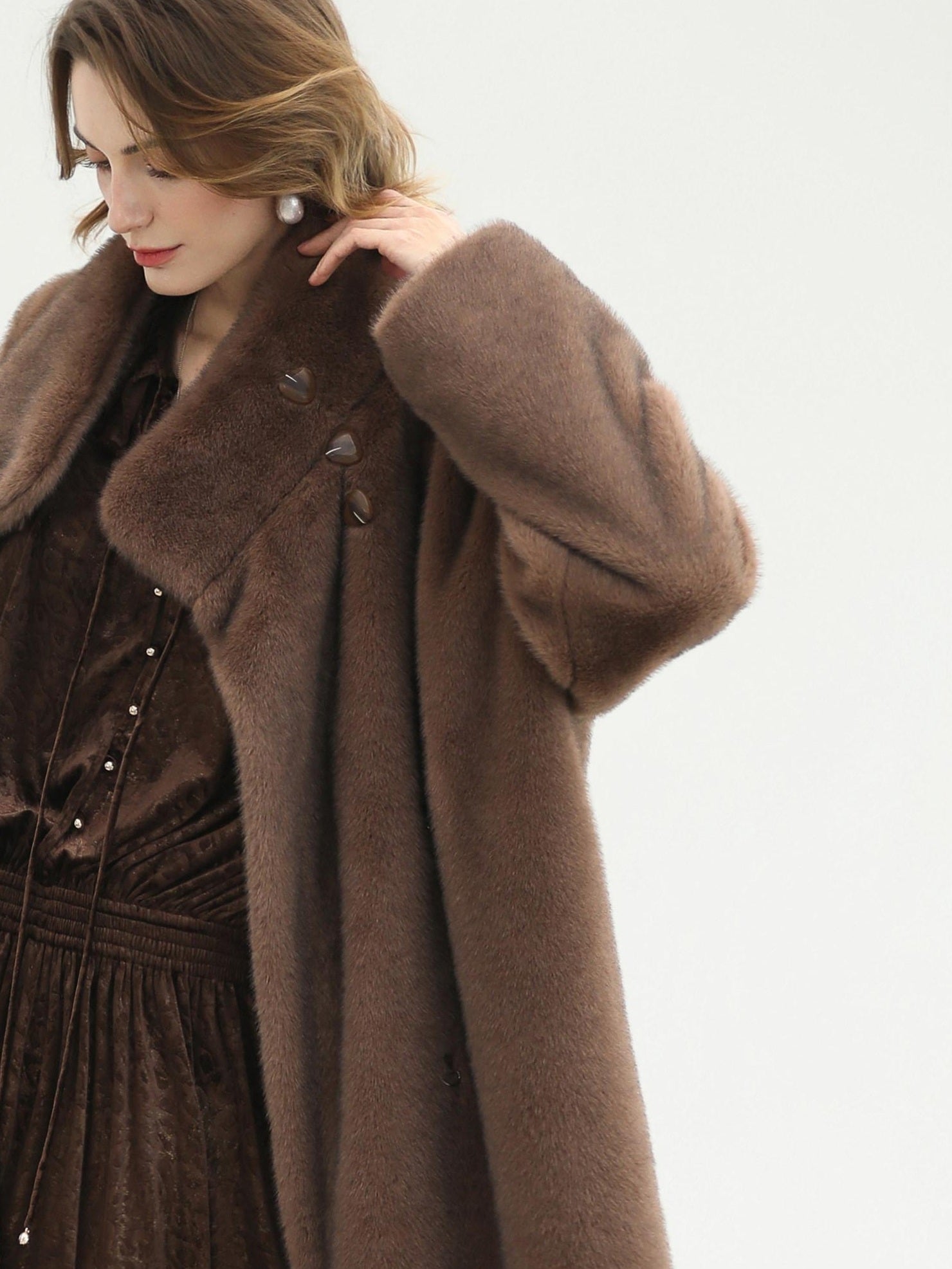 COCOBELLA Soft Faux Fur Long Straight Stand Collar Commuter Women Outerwear Coats