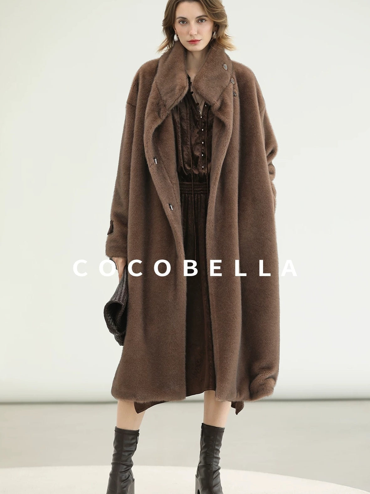 COCOBELLA Soft Faux Fur Long Straight Stand Collar Commuter Women Outerwear Coats