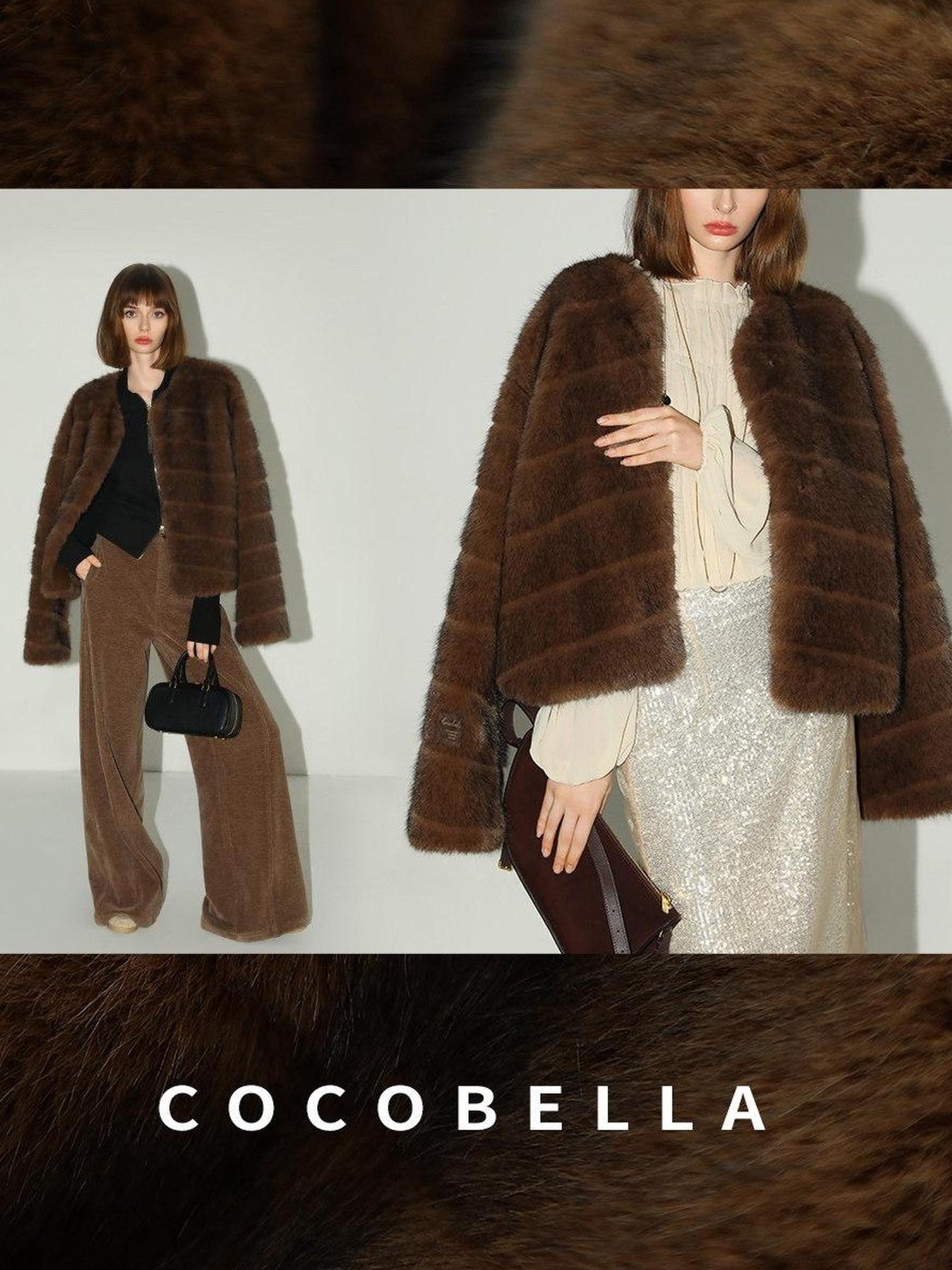 COCOBELLA Soft Faux Fur Short Coat Standard Fit Women Coffee Brown Polyester Jackets
