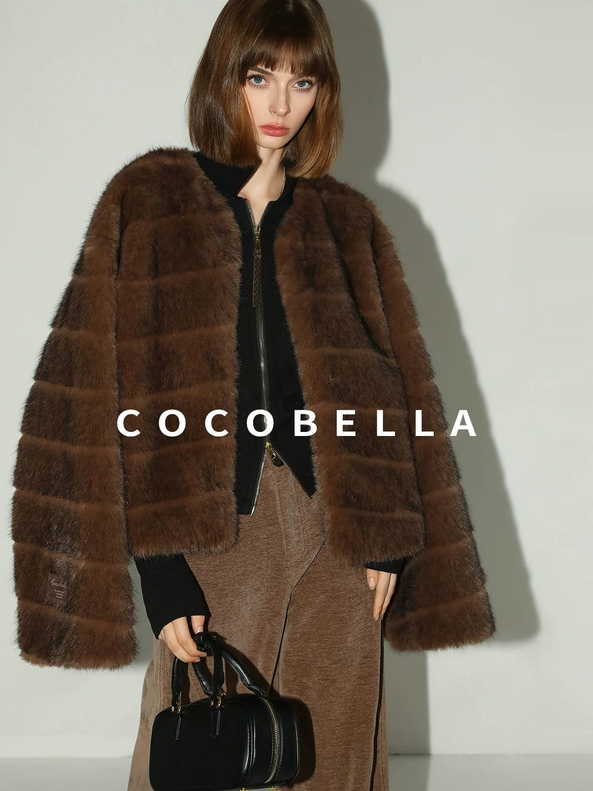 COCOBELLA Soft Faux Fur Short Coat Standard Fit Women Coffee Brown Polyester Jackets