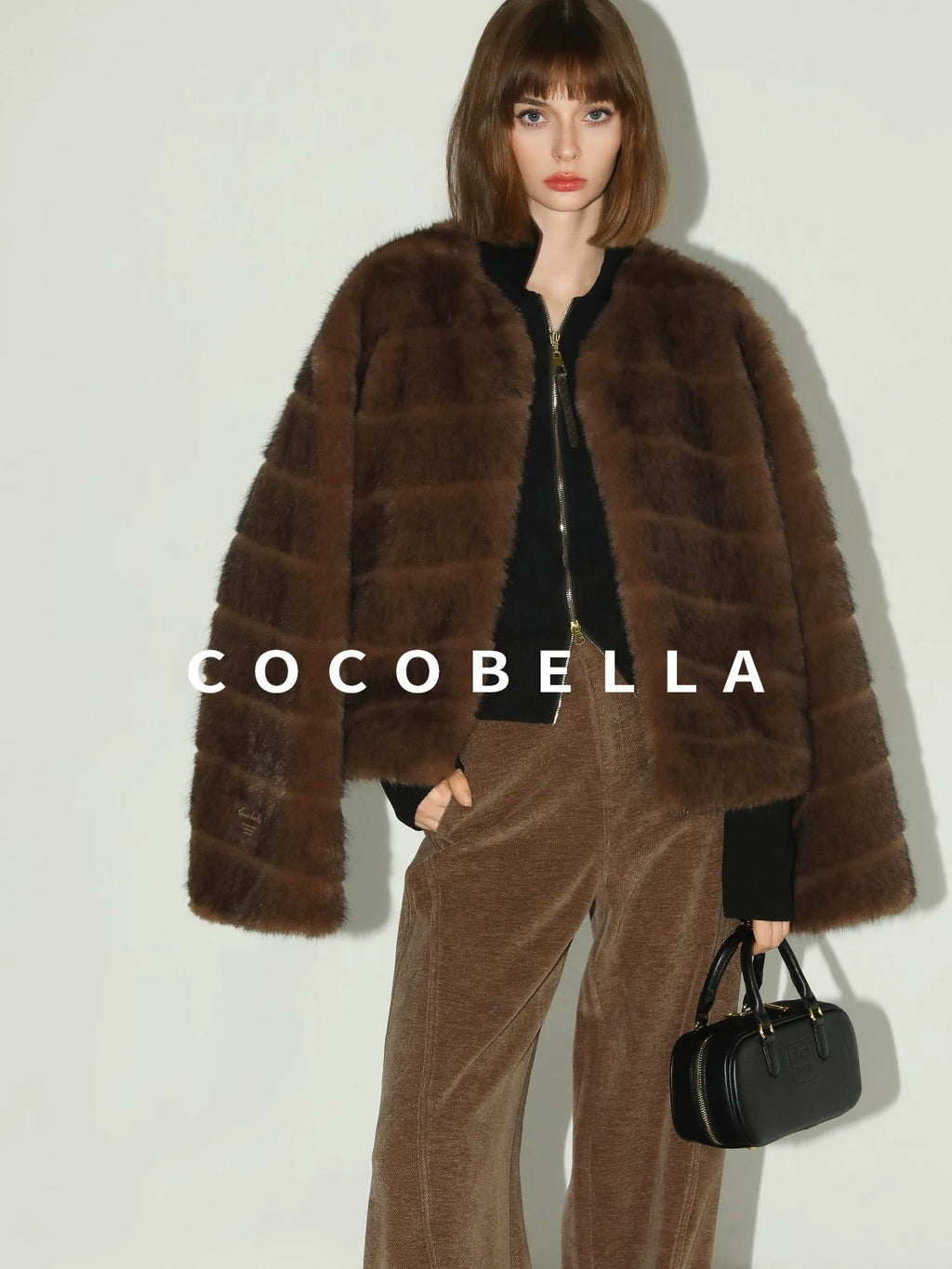 COCOBELLA Soft Faux Fur Short Coat Standard Fit Women Coffee Brown Polyester Jackets