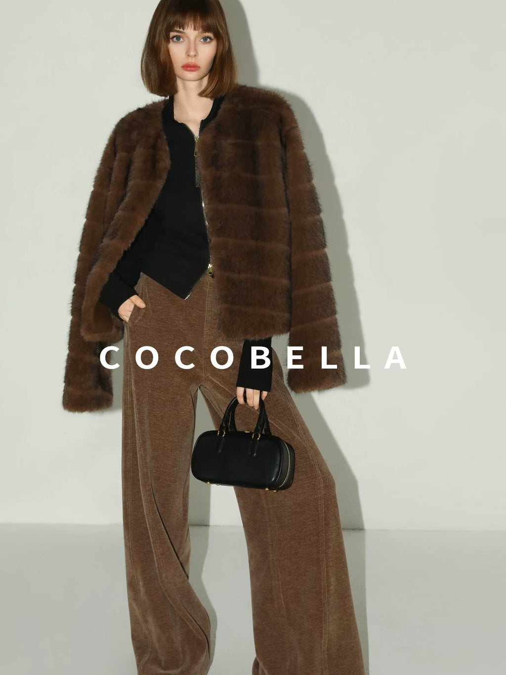 COCOBELLA Soft Faux Fur Short Coat Standard Fit Women Coffee Brown Polyester Jackets