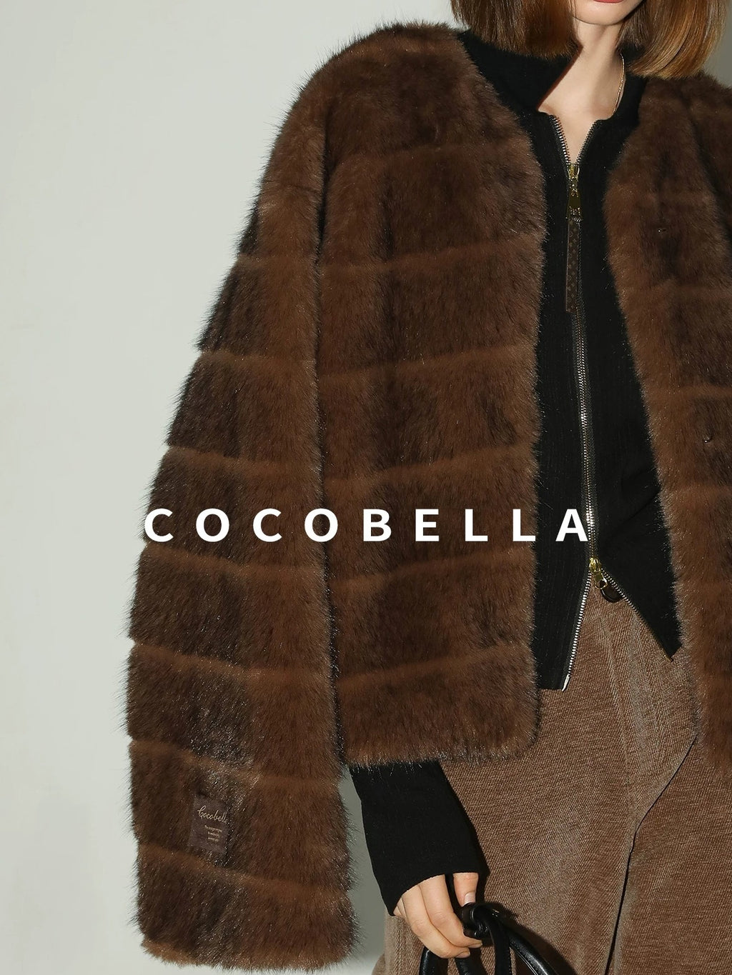 COCOBELLA Soft Faux Fur Short Coat Standard Fit Women Coffee Brown Polyester Jackets