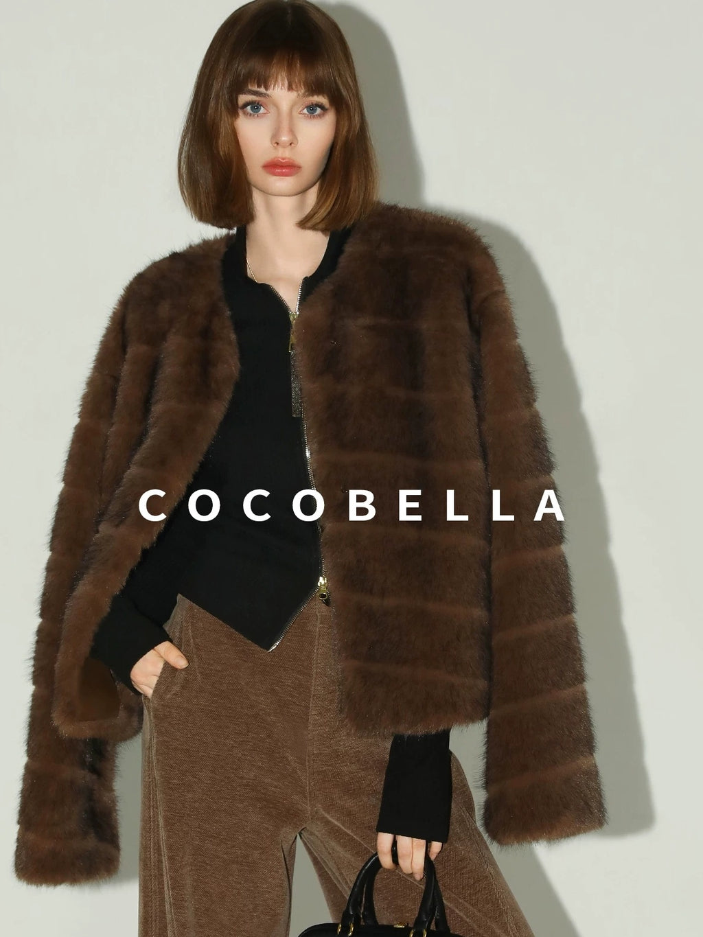 COCOBELLA Soft Faux Fur Short Coat Standard Fit Women Coffee Brown Polyester Jackets