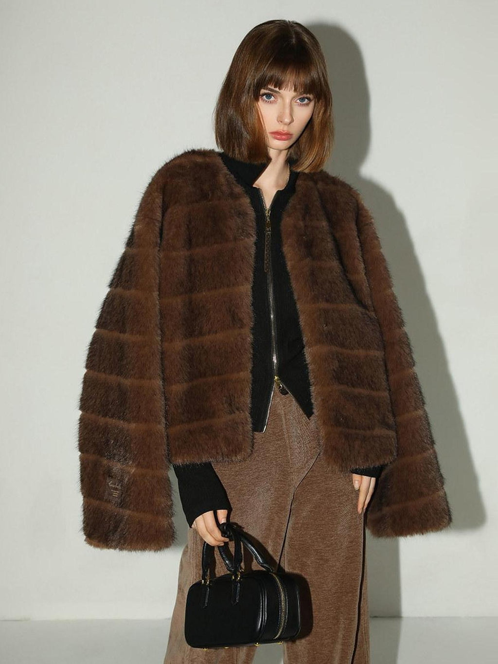 COCOBELLA Soft Faux Fur Short Coat Standard Fit Women Coffee Brown Polyester Jackets