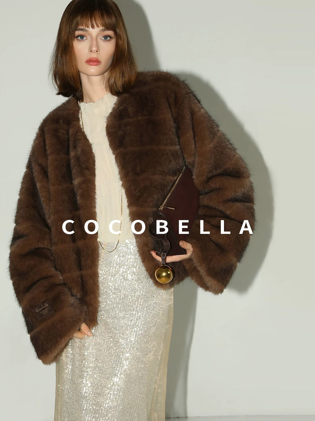COCOBELLA Soft Faux Fur Short Coat Standard Fit Women Coffee Brown Polyester Jackets